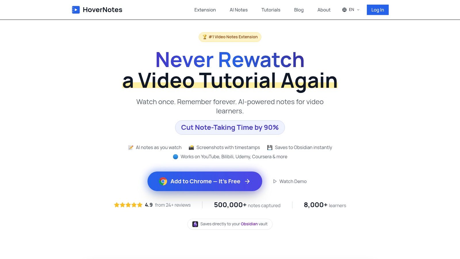 A screenshot showing the HoverNotes interface next to a Udemy video, with AI-generated notes, code snippets, and timestamped screenshots.