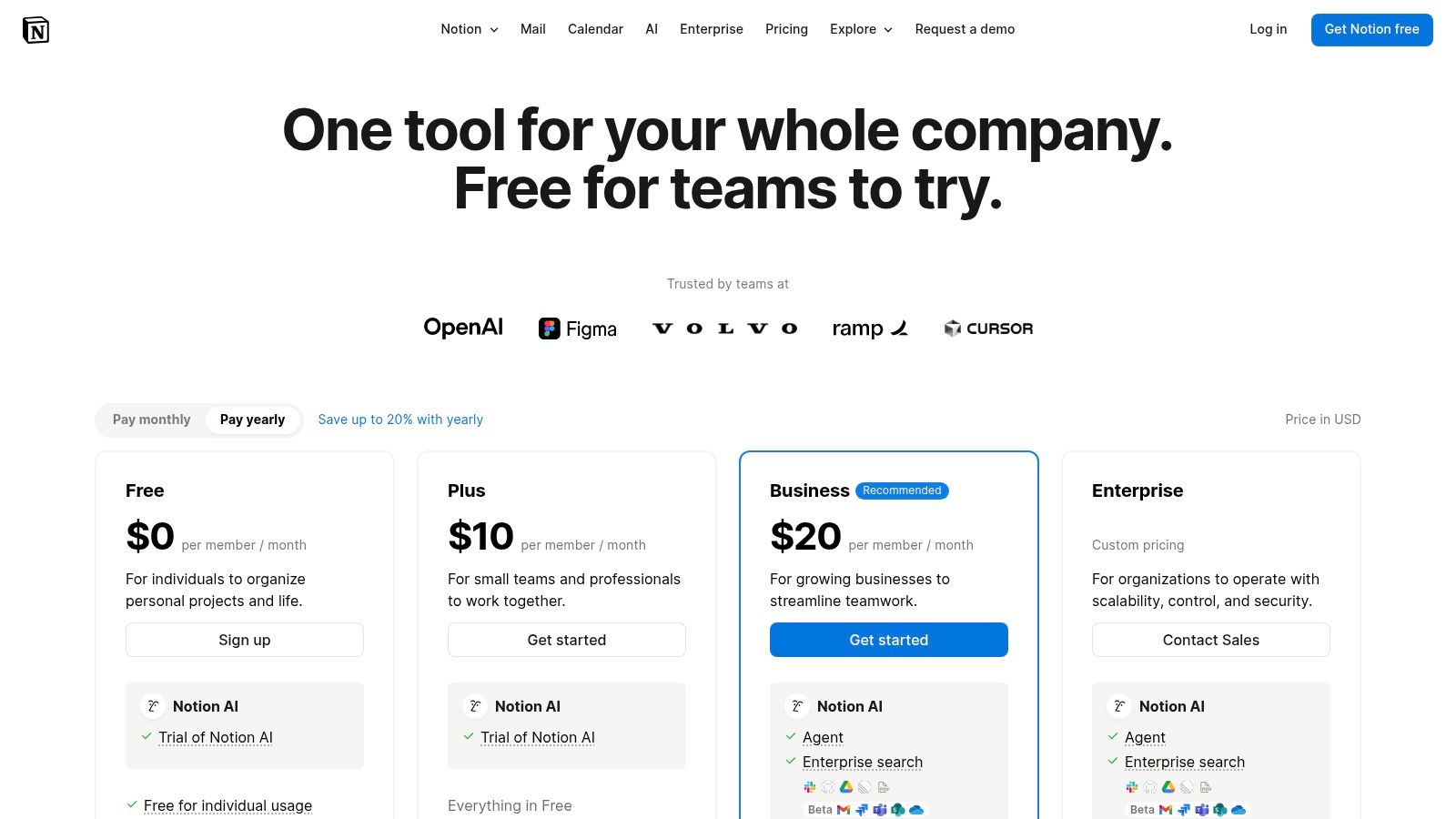 A screenshot of Notion's pricing page, showing the different plans available, including the free plan and the Plus plan which is free for students.
