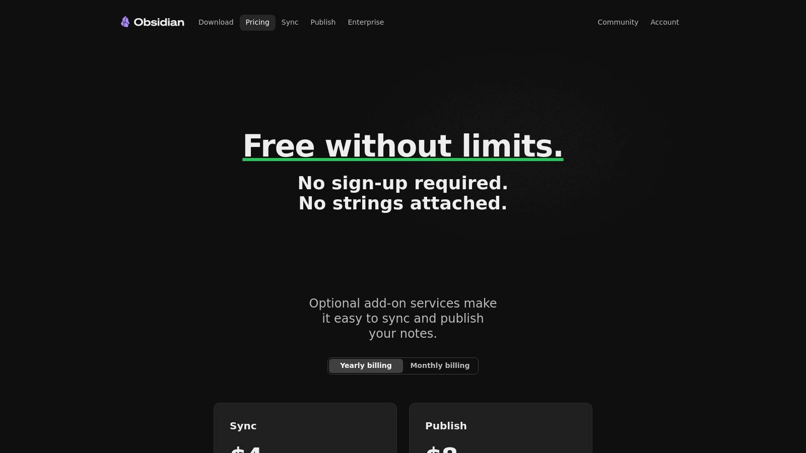 Screenshot of the Obsidian pricing page showing the free personal plan and paid add-ons like Sync and Publish.