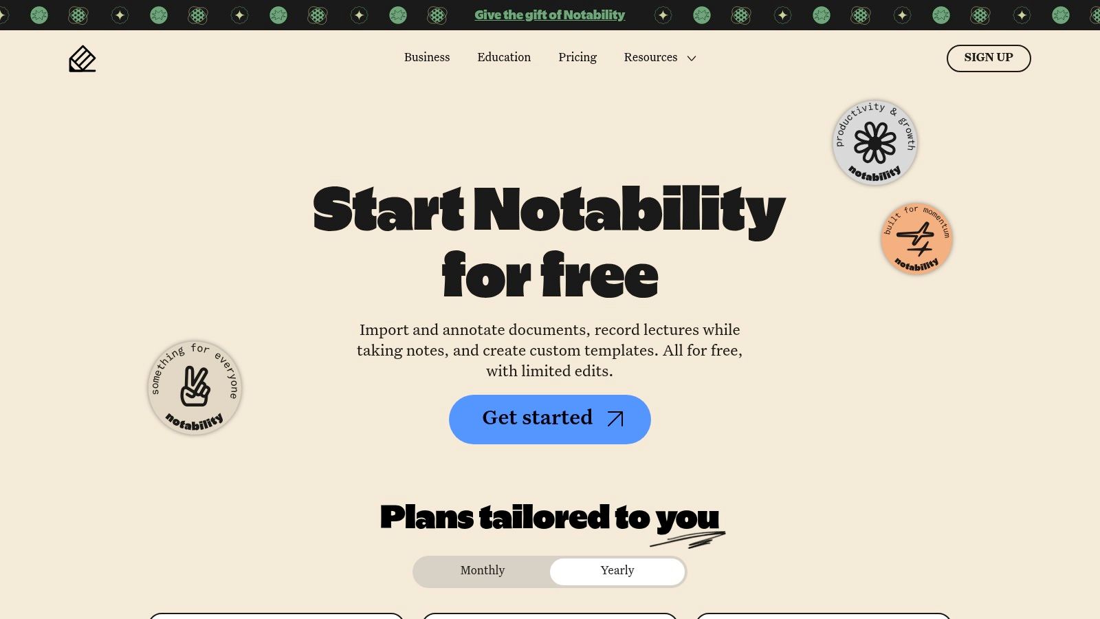 Notability app homepage showing a vibrant user interface with various notebooks and folders.