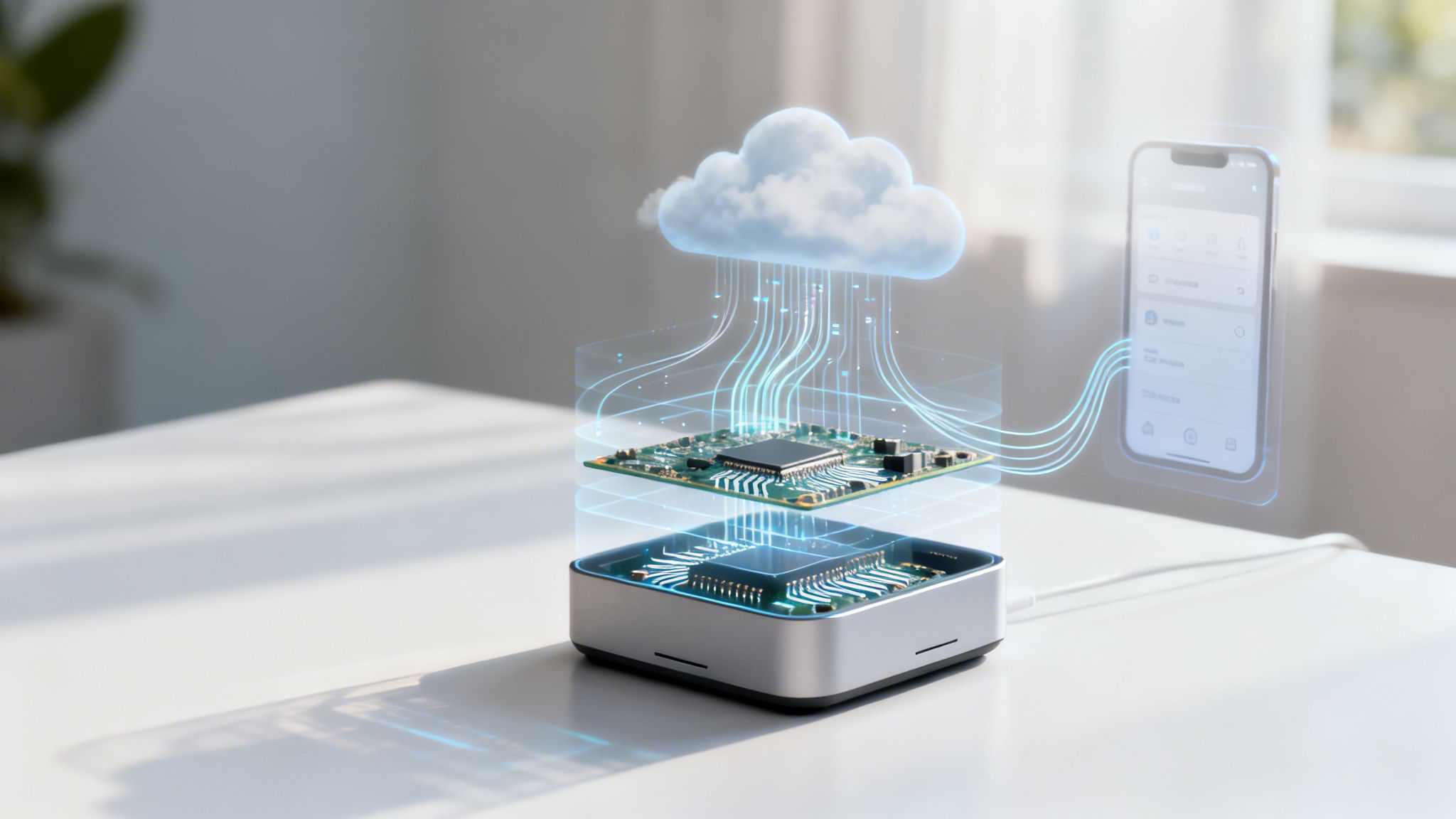 Technologie-Visualisierung: Datenfluss von der Cloud zu einer Platine und einem transparenten Smartphone.