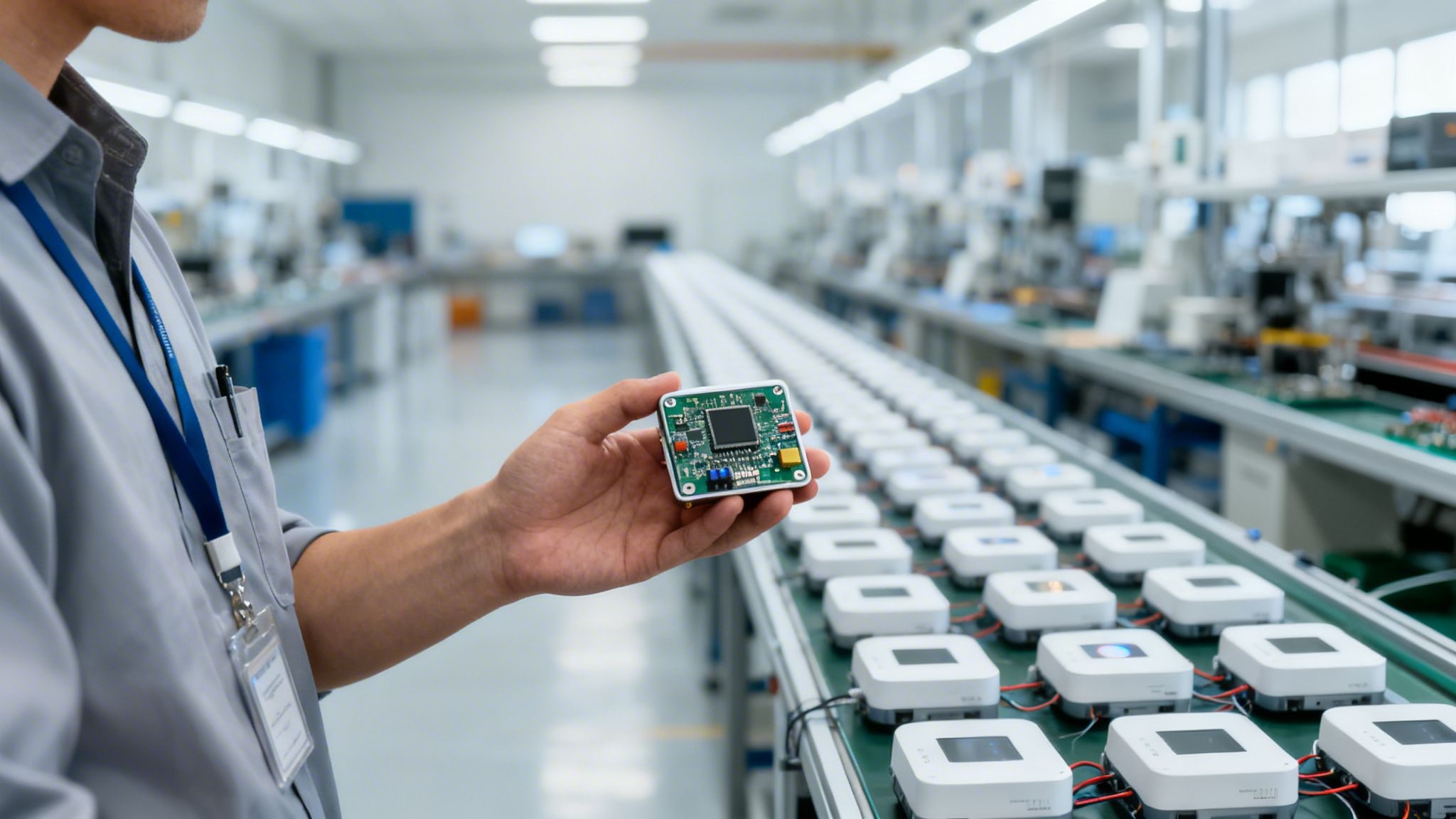 Eine Person hält eine Leiterplatte in einer Produktionshalle mit Förderband und elektronischen Geräten.