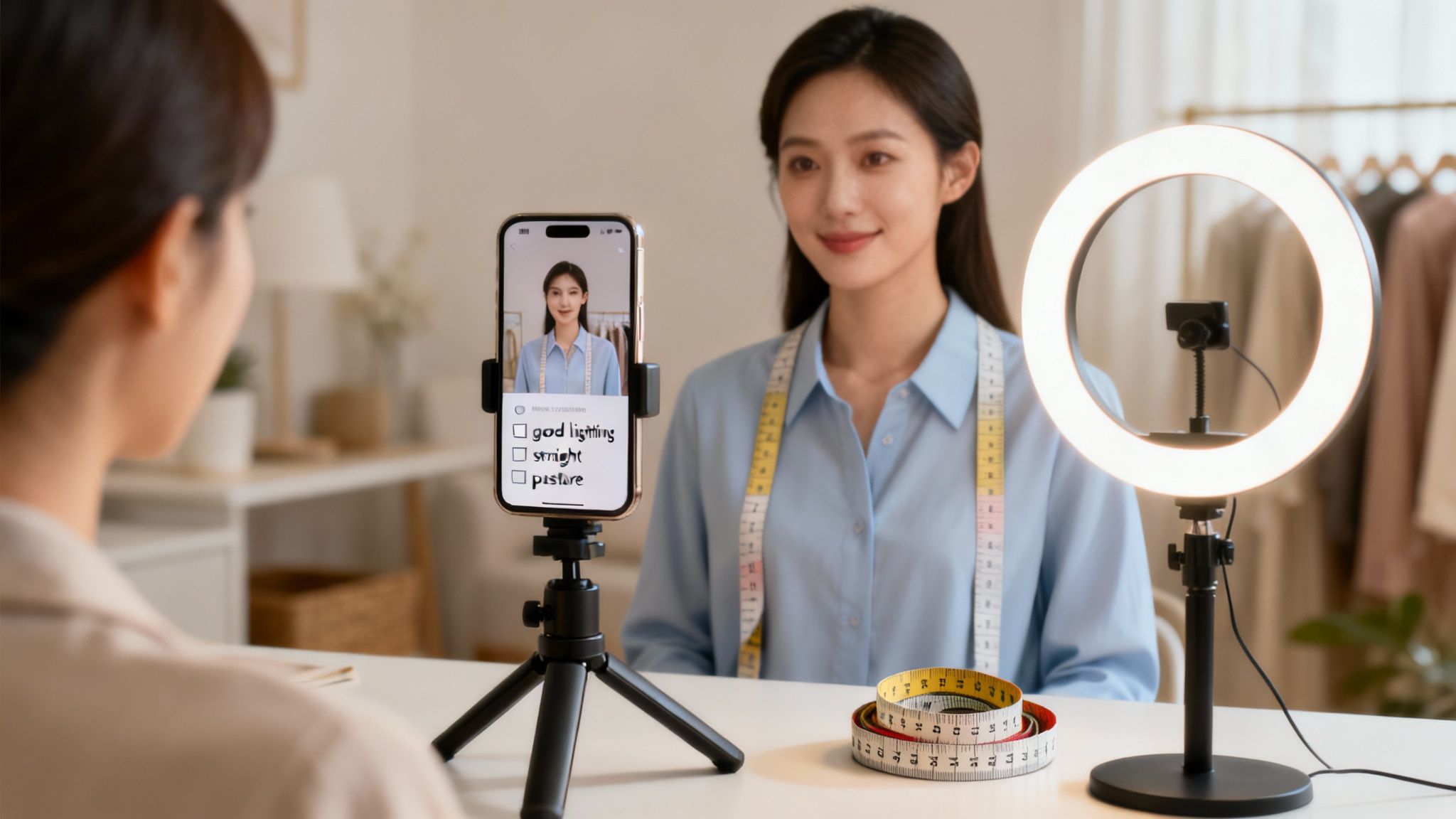 A woman records another woman for a fashion video using a smartphone, tripod, and ring light.