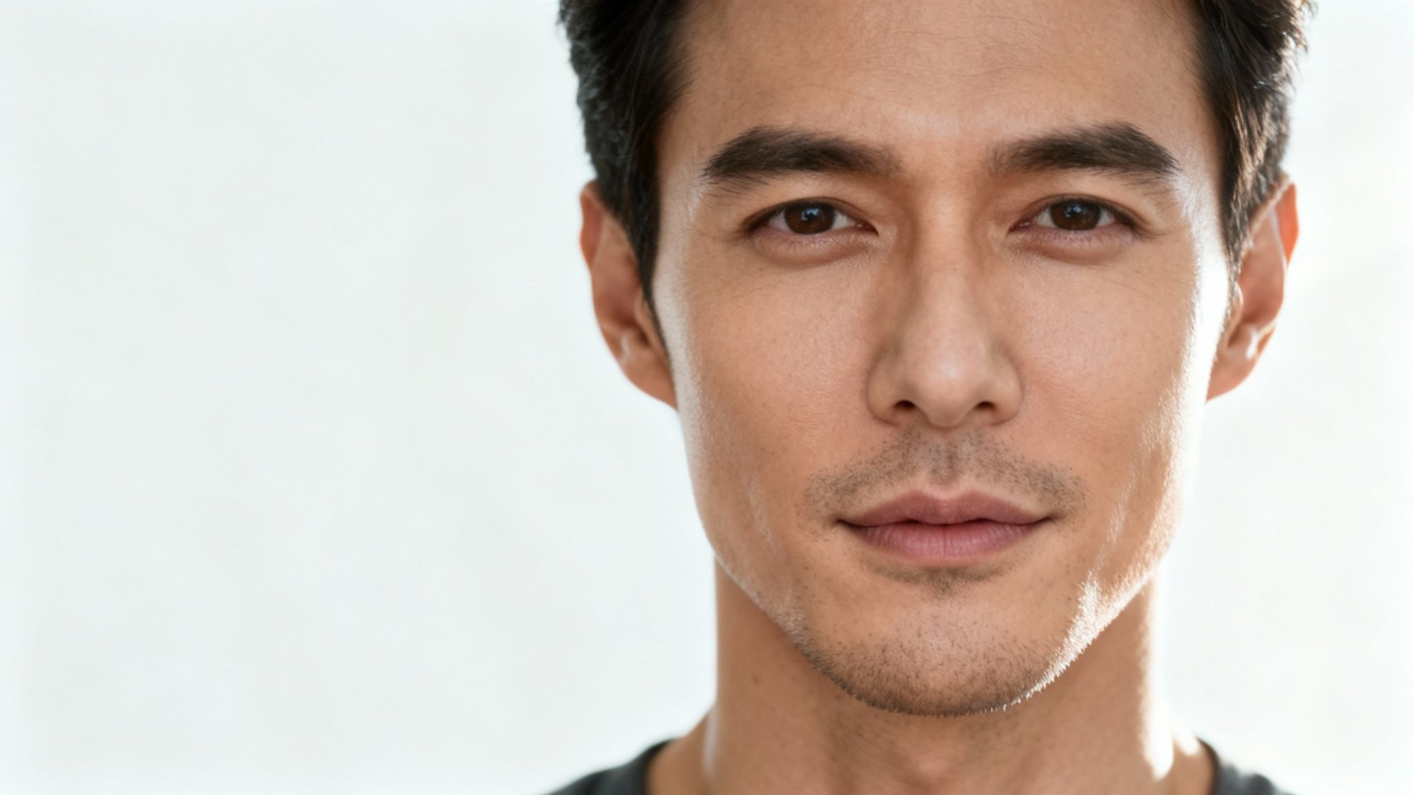 Close-up of a handsome man's face, showing dark hair, brown eyes, and light stubble.