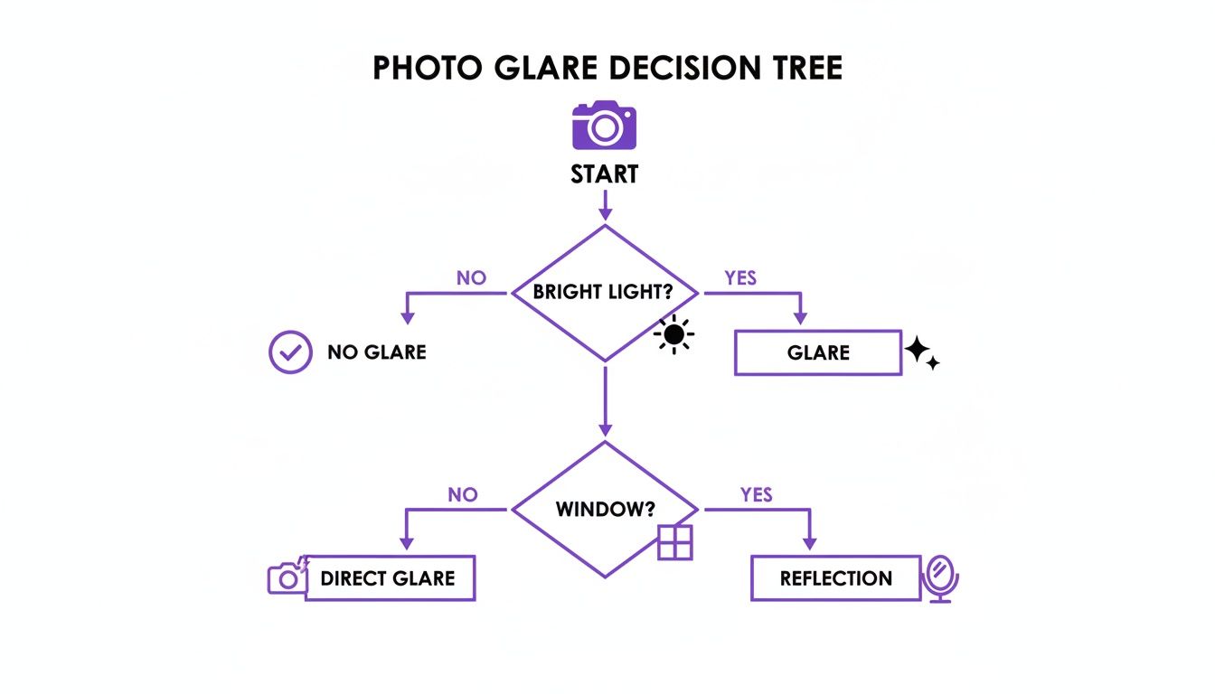 A photo glare decision tree explaining different types of glare based on bright light and window presence.