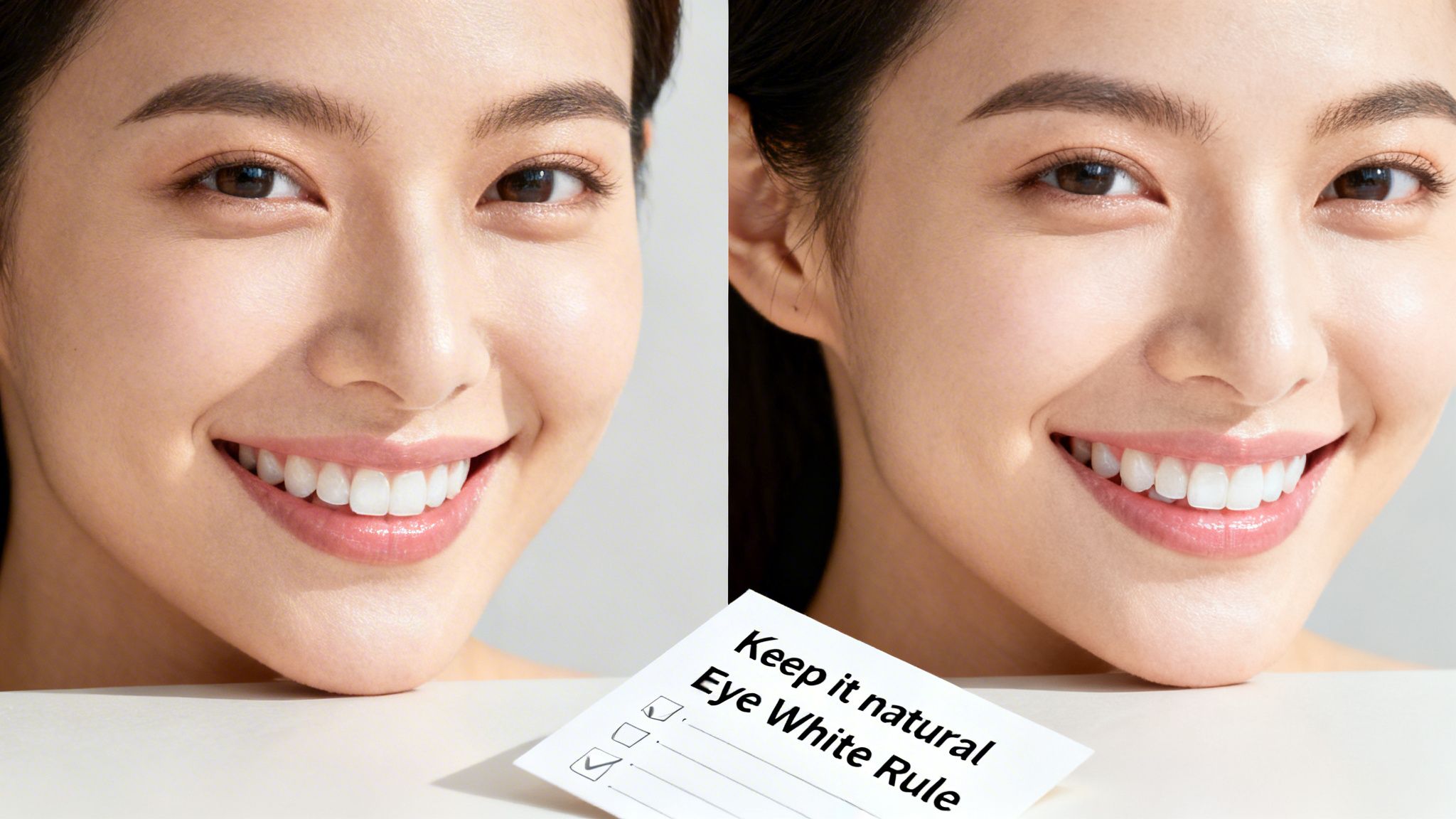 Smiling woman's face in a split image with a checklist for 'Keep it natural Eye White Rule'.