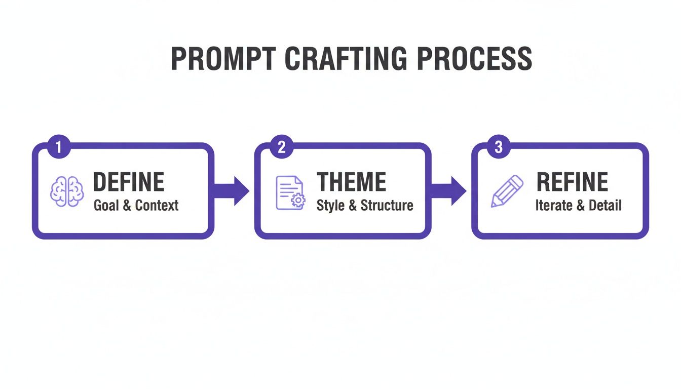 A three-step diagram illustrates the prompt crafting process: Define, Theme, and Refine.
