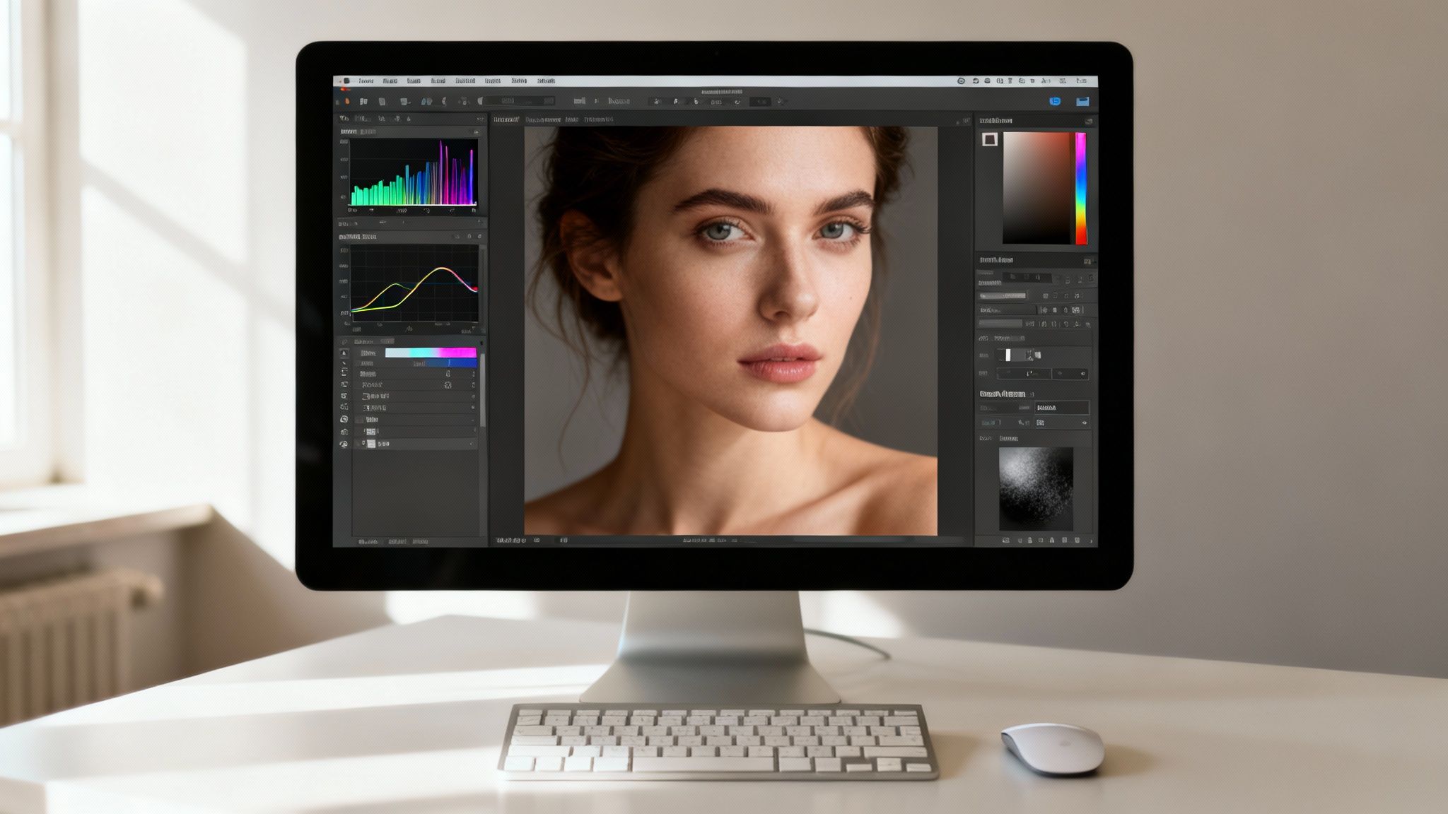 Modern computer monitor displaying photo editing software with a woman's portrait, on a sleek desk.