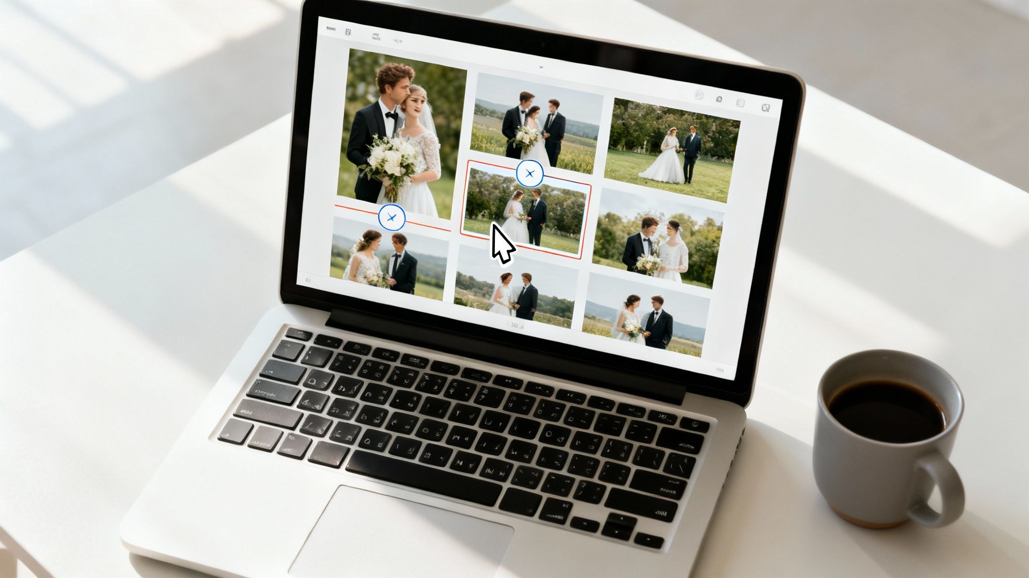 A laptop screen displays a grid of wedding photos, with a cursor selecting an image for editing.