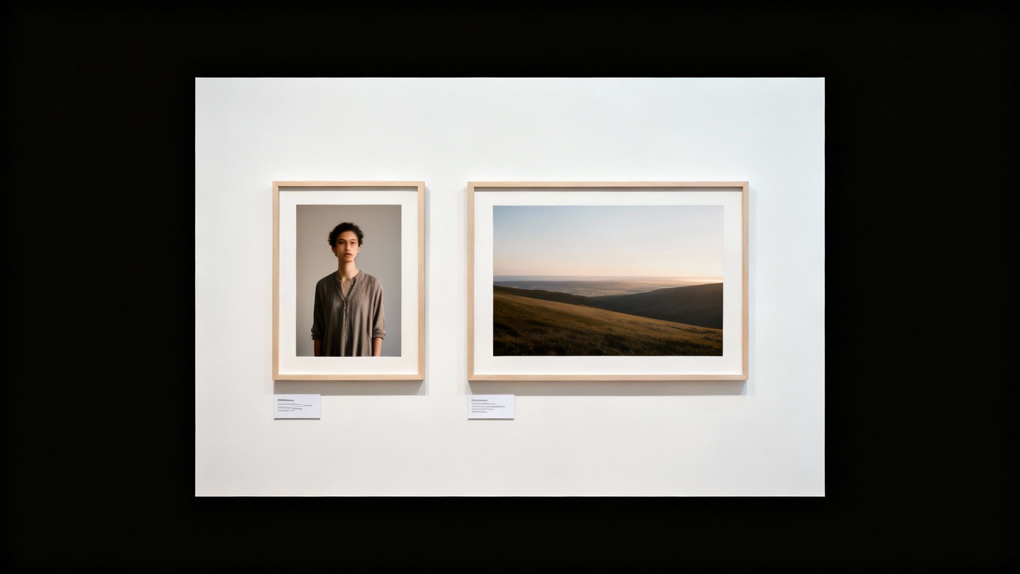 Two framed artworks, a portrait and a landscape, displayed on a white gallery wall with information plaques.