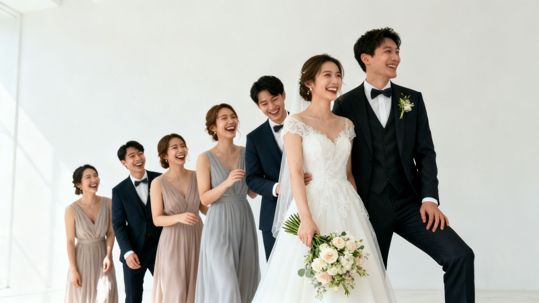 A joyful bride and groom with their bridesmaids and groomsmen posing and laughing together.