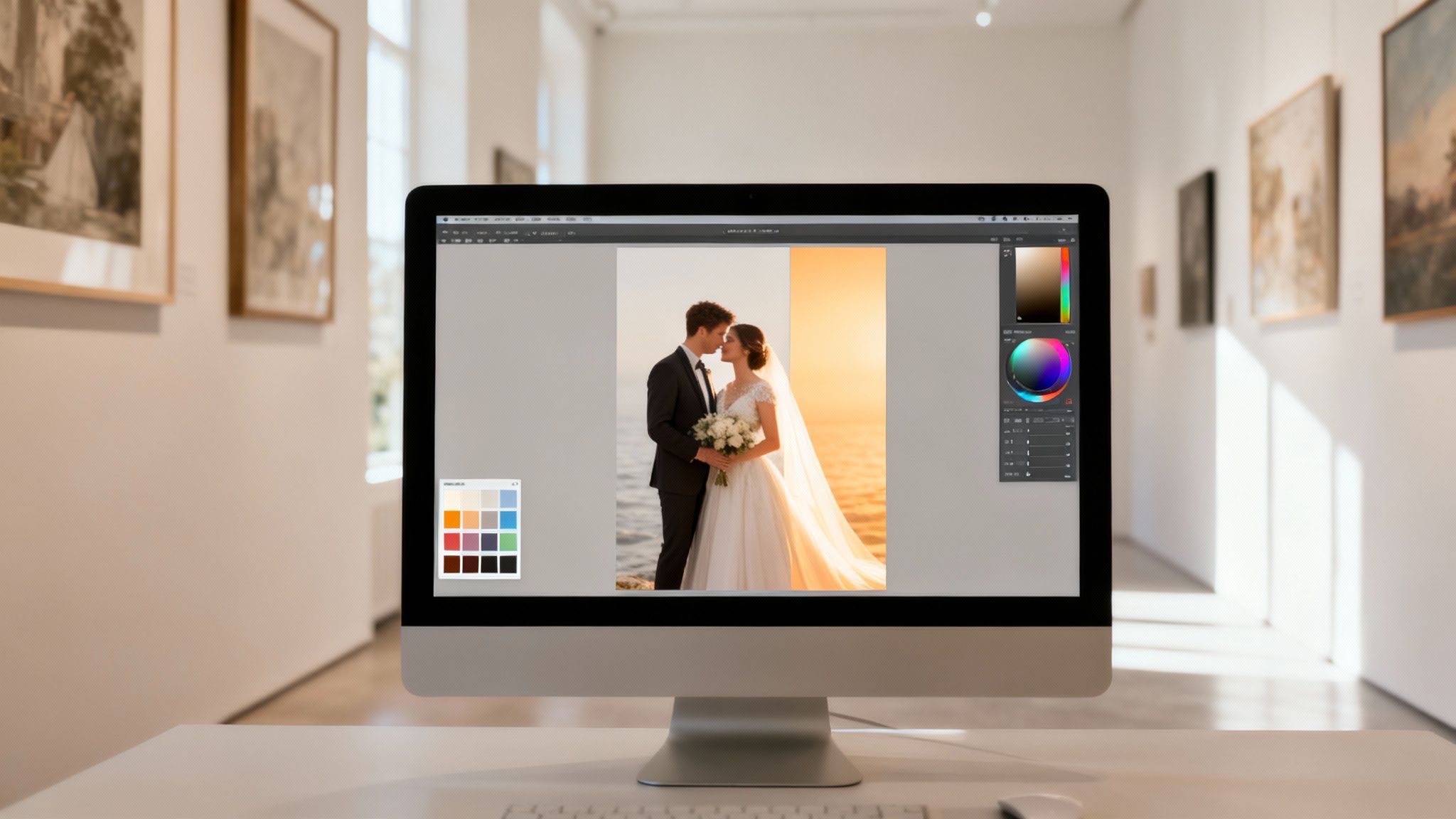 A computer monitor displays a split-screen wedding photo being edited with color tools in an art gallery setting.