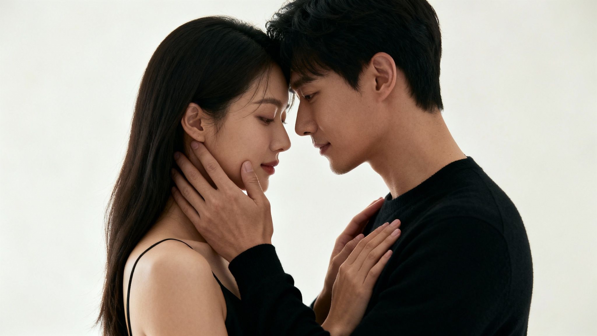 A Korean couple in black clothing, foreheads touching, hands gently embracing each other's faces.