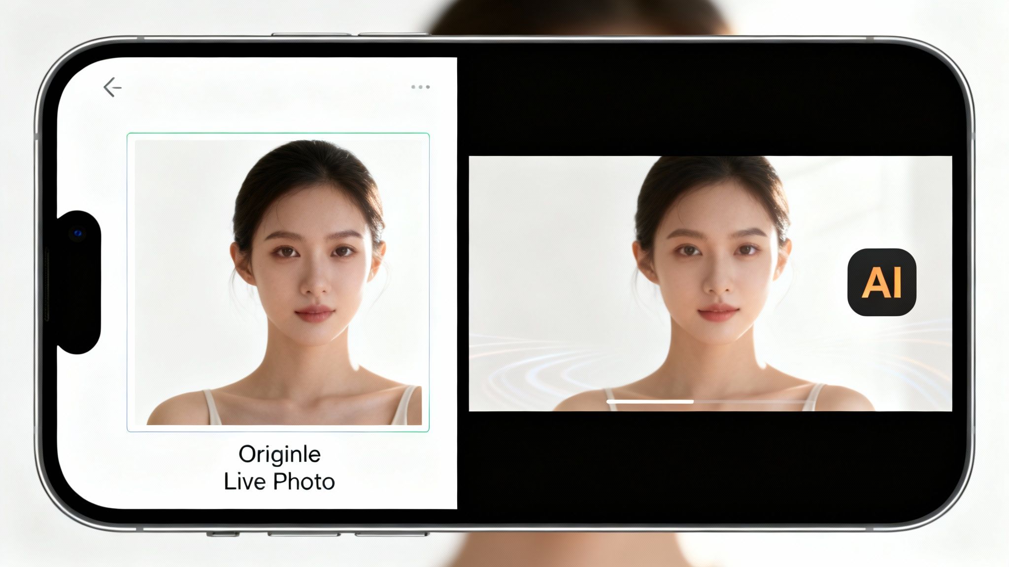 A smartphone screen shows a woman's portrait, comparing an original live photo to an AI-processed version.