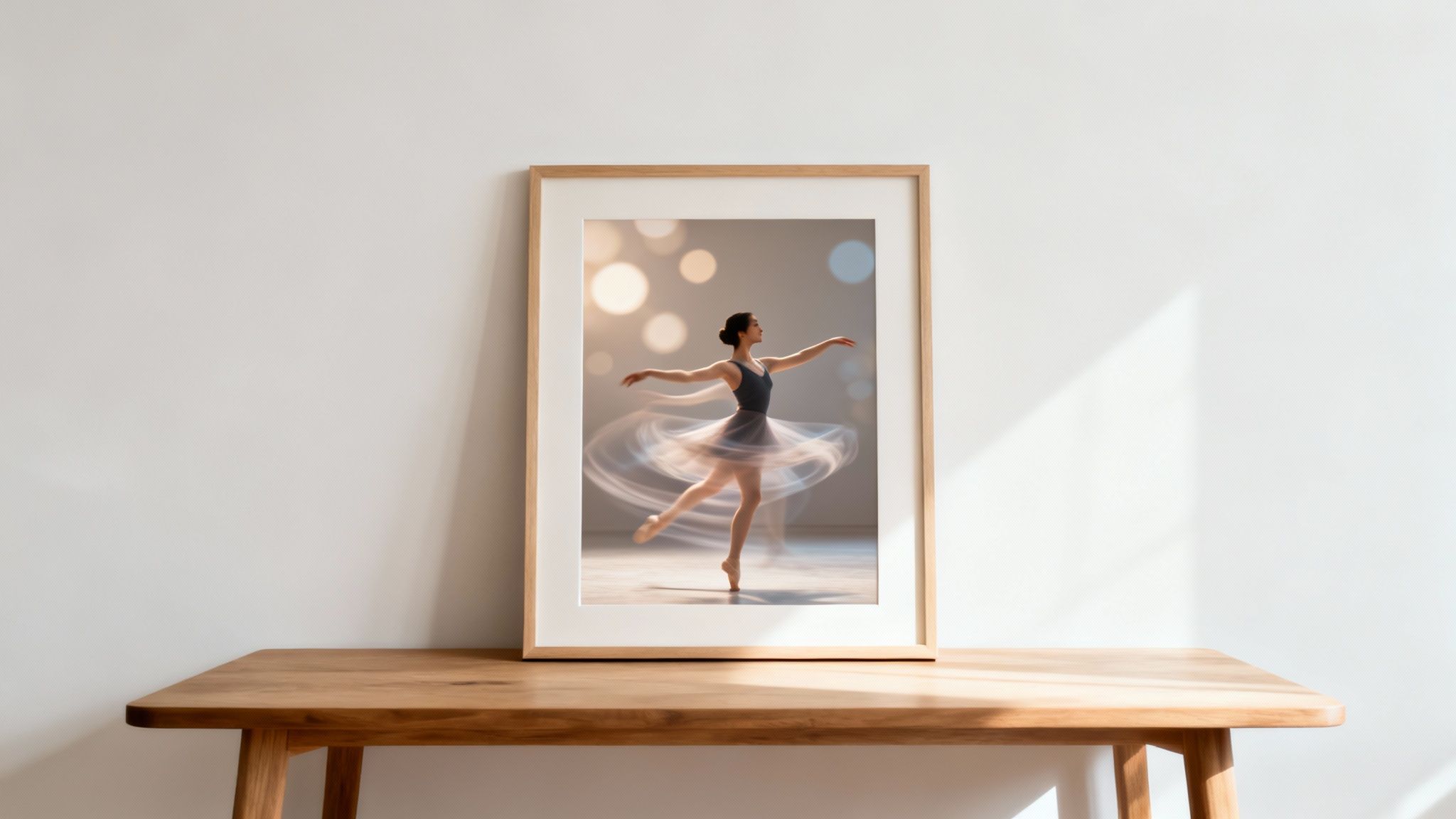 A framed art print of a graceful ballerina in motion on a light wooden table.