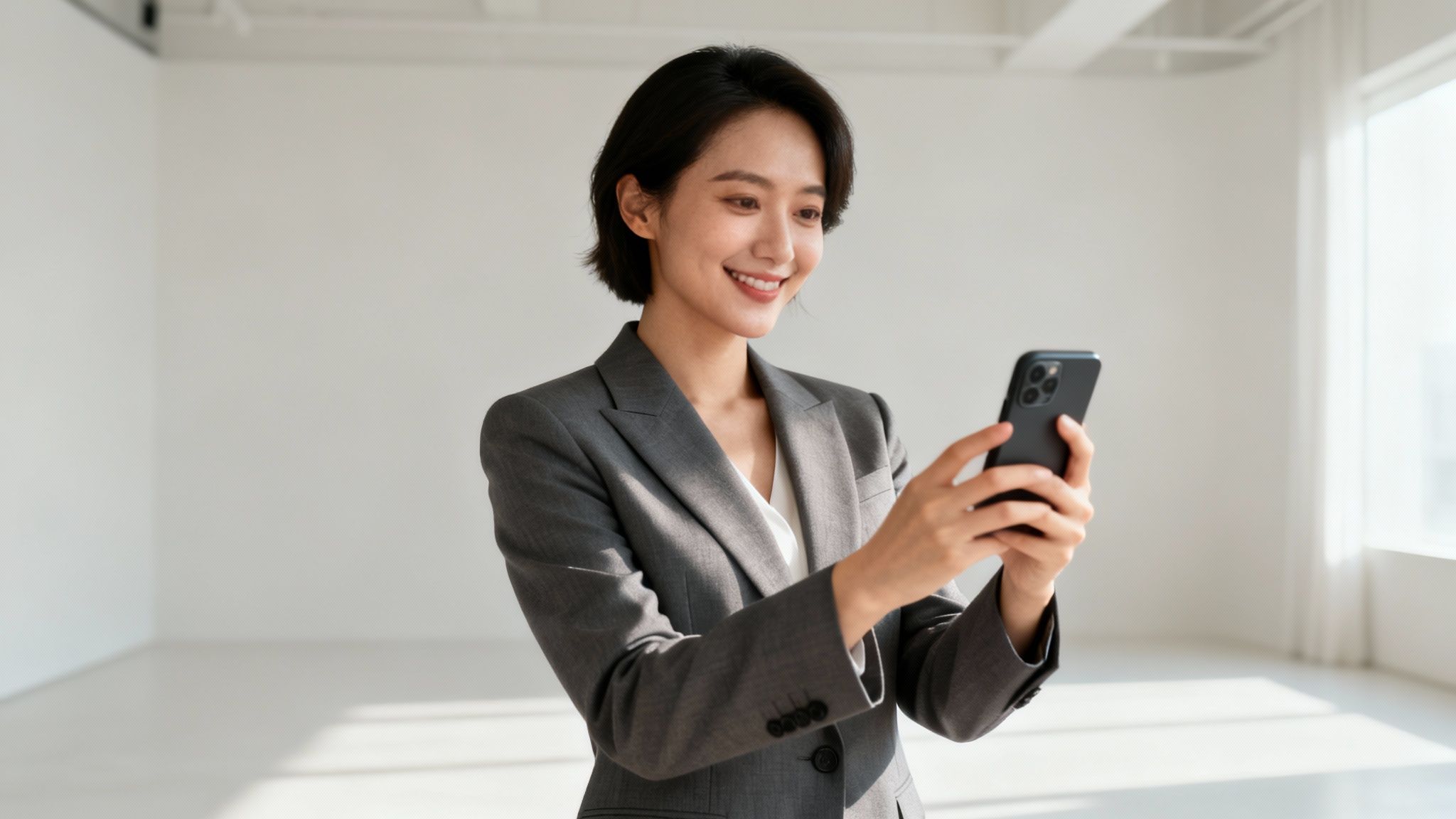 Smiling Asian businesswoman in a grey suit looks at her phone in a bright room.