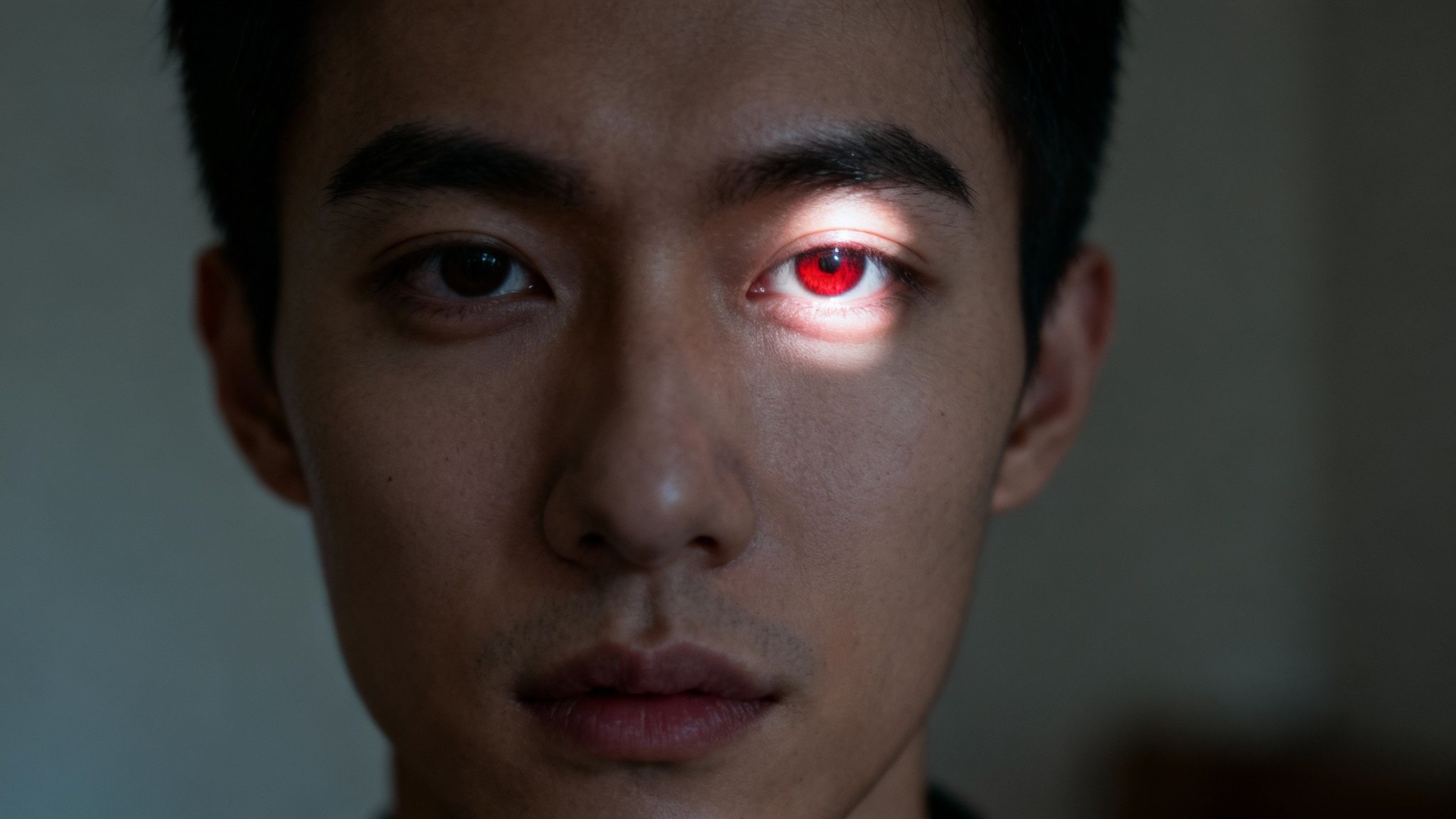Close-up of a man's face, one eye glowing red from a beam of light.