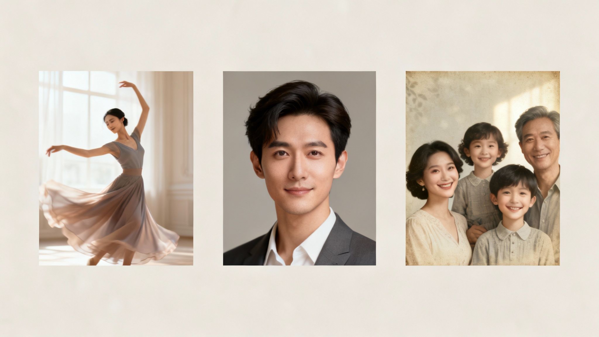 Three panels featuring a woman dancing, a man's portrait, and a smiling family portrait.