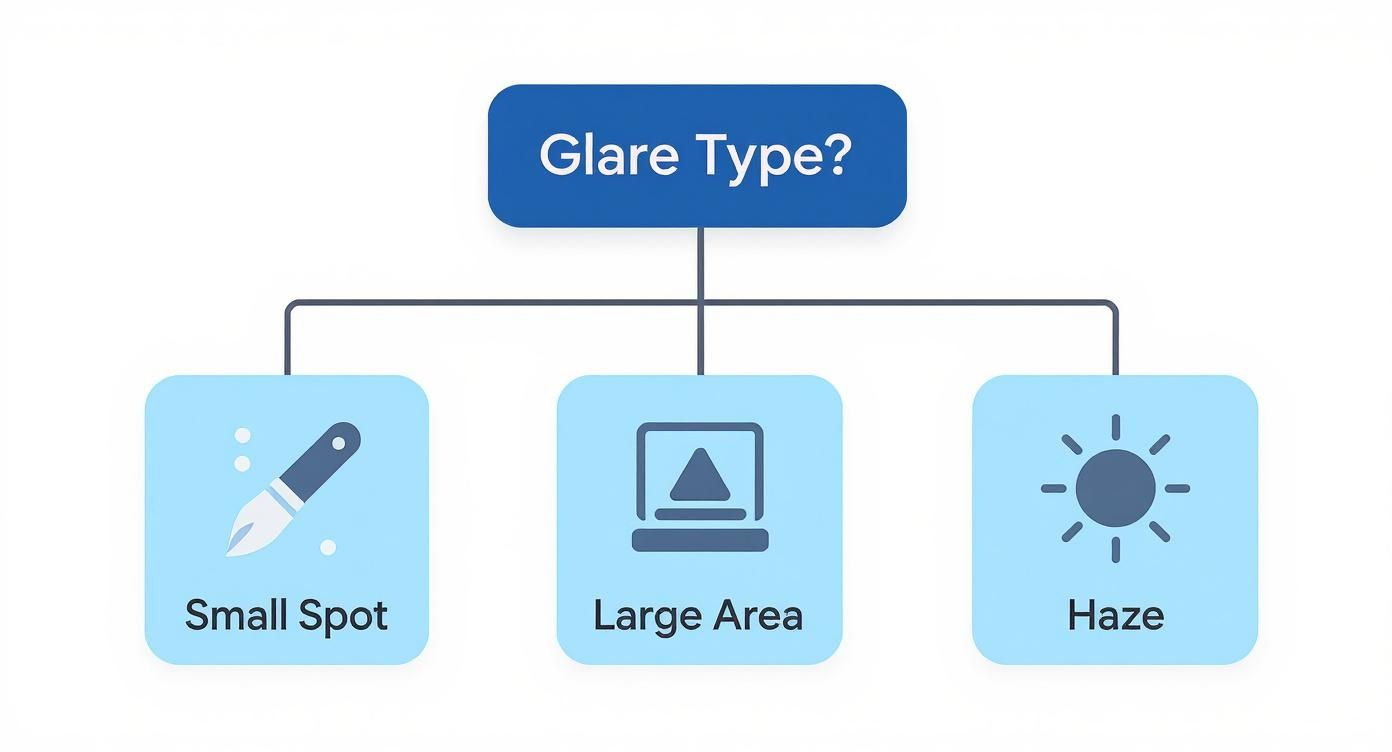 Flowchart showing three types of glare: small spot, large area, and haze with illustrative icons
