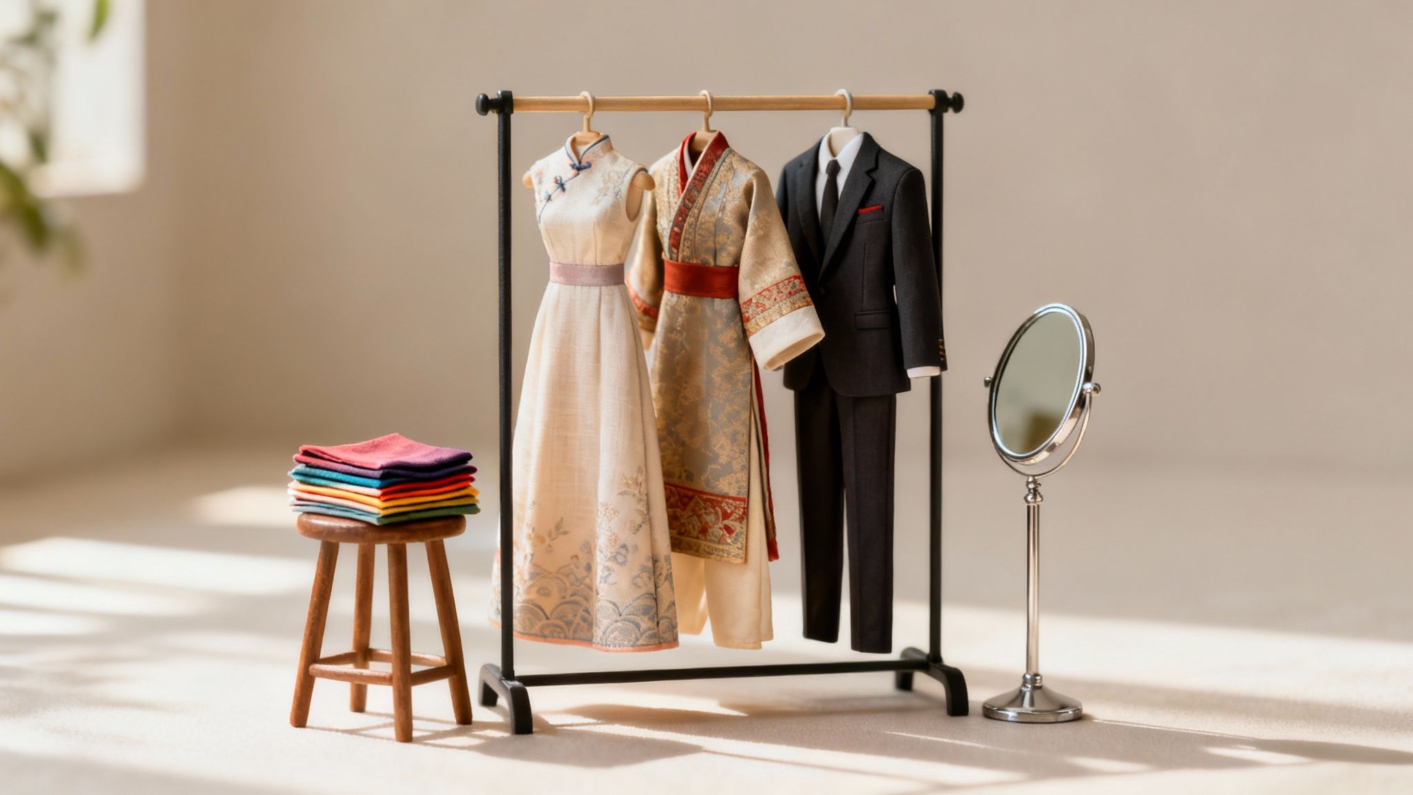 Miniature clothing rack with three outfits (dress, robe, suit), colorful cloths on a stool, and a mirror.