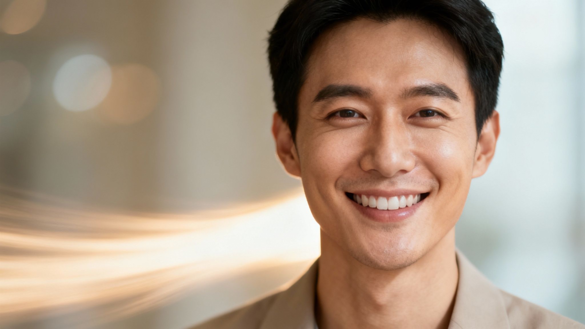 Close-up portrait of a happy, smiling young East Asian man looking at the camera.