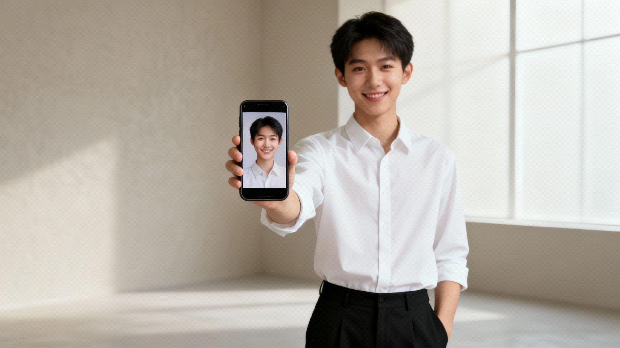A smiling young man holds a smartphone displaying his own portrait in a bright room.