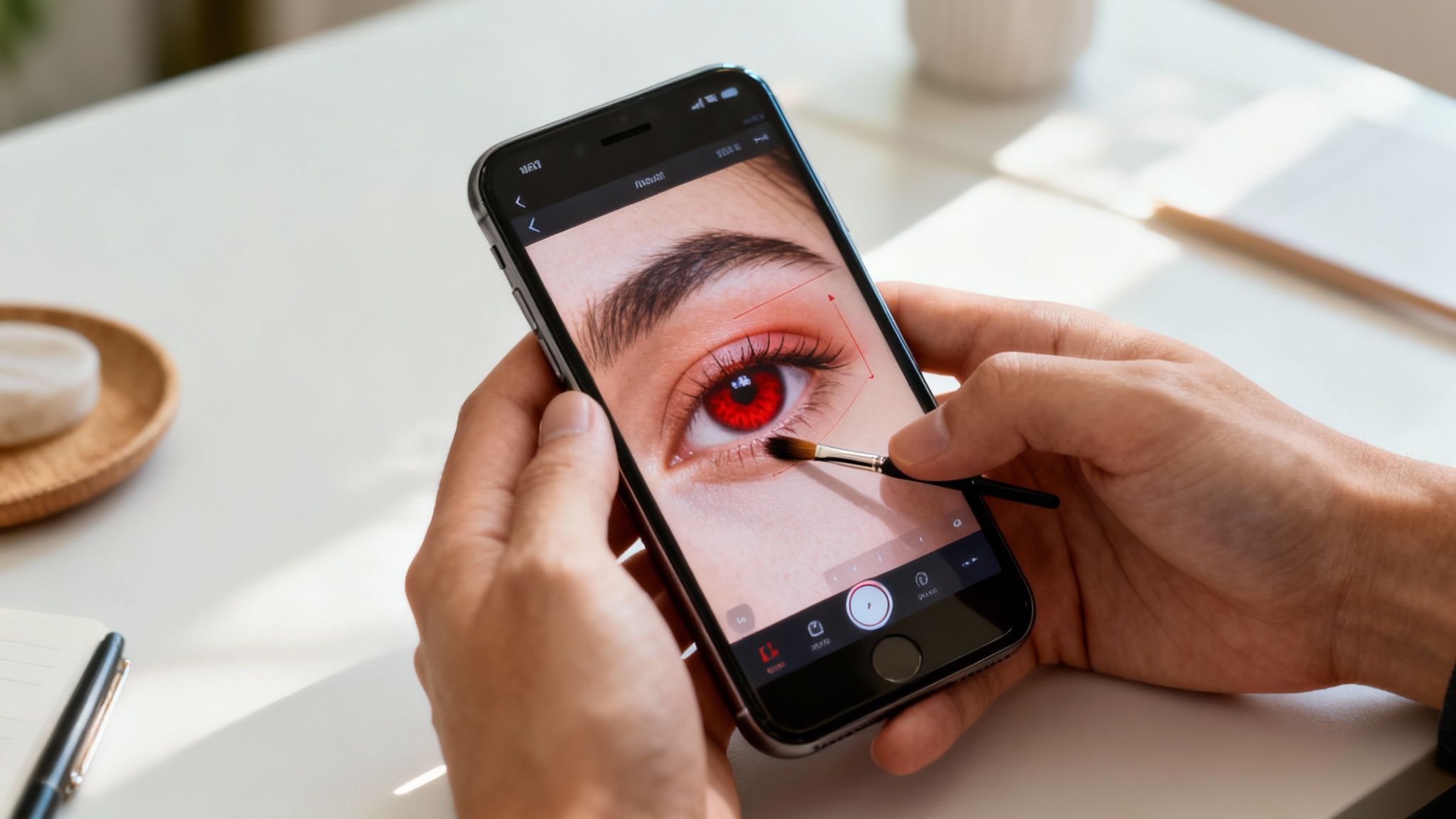Close-up of hands using a smartphone to edit a red eye with a small digital brush.