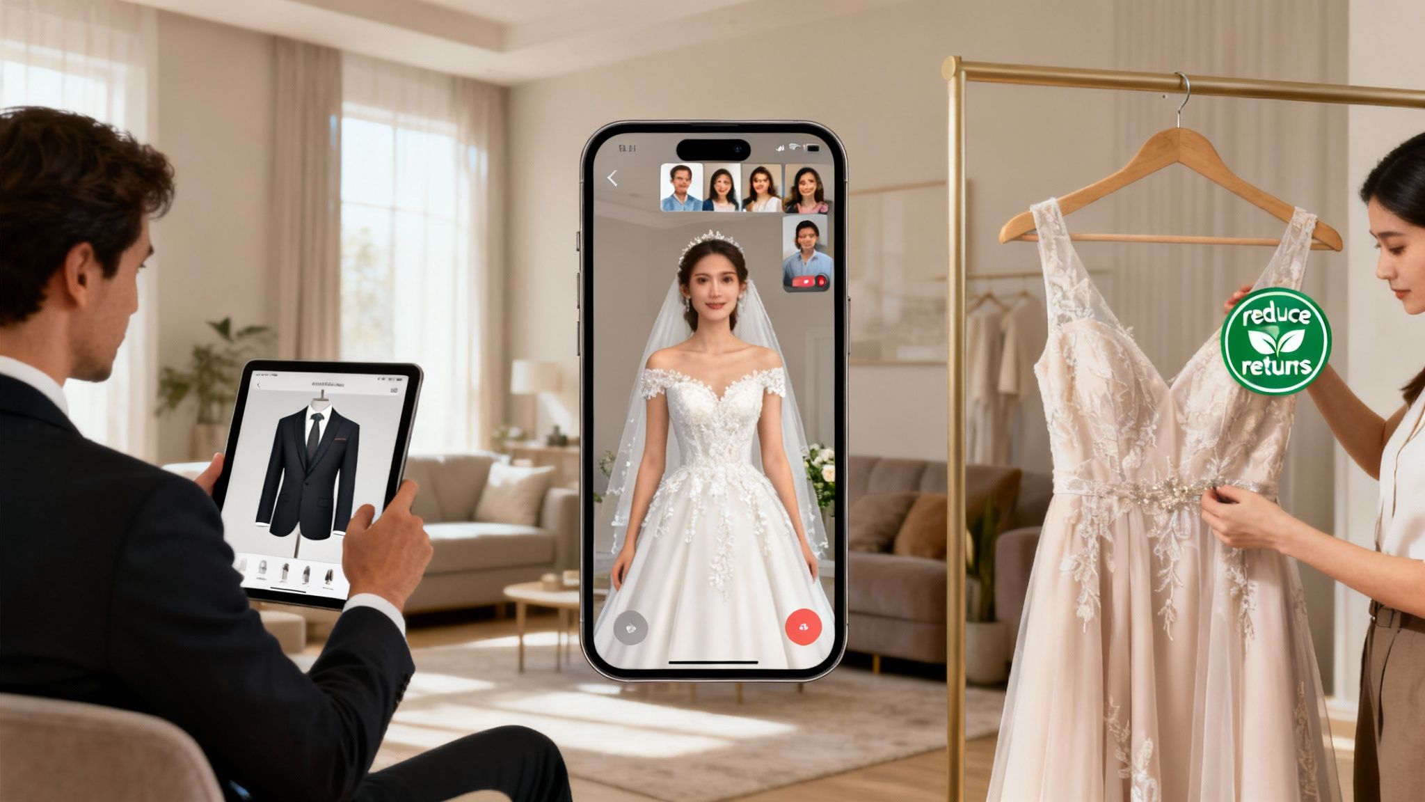 Man views virtual suit, woman tries virtual wedding dress on phone, 'reduce returns' sticker on real dress.