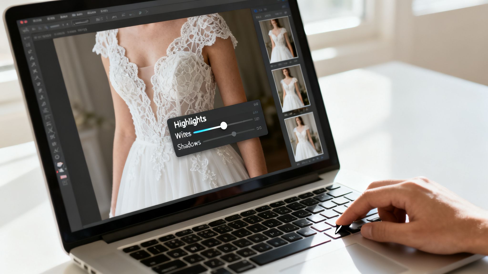 A person's hand on a laptop keyboard while editing a wedding dress photo, adjusting exposure.