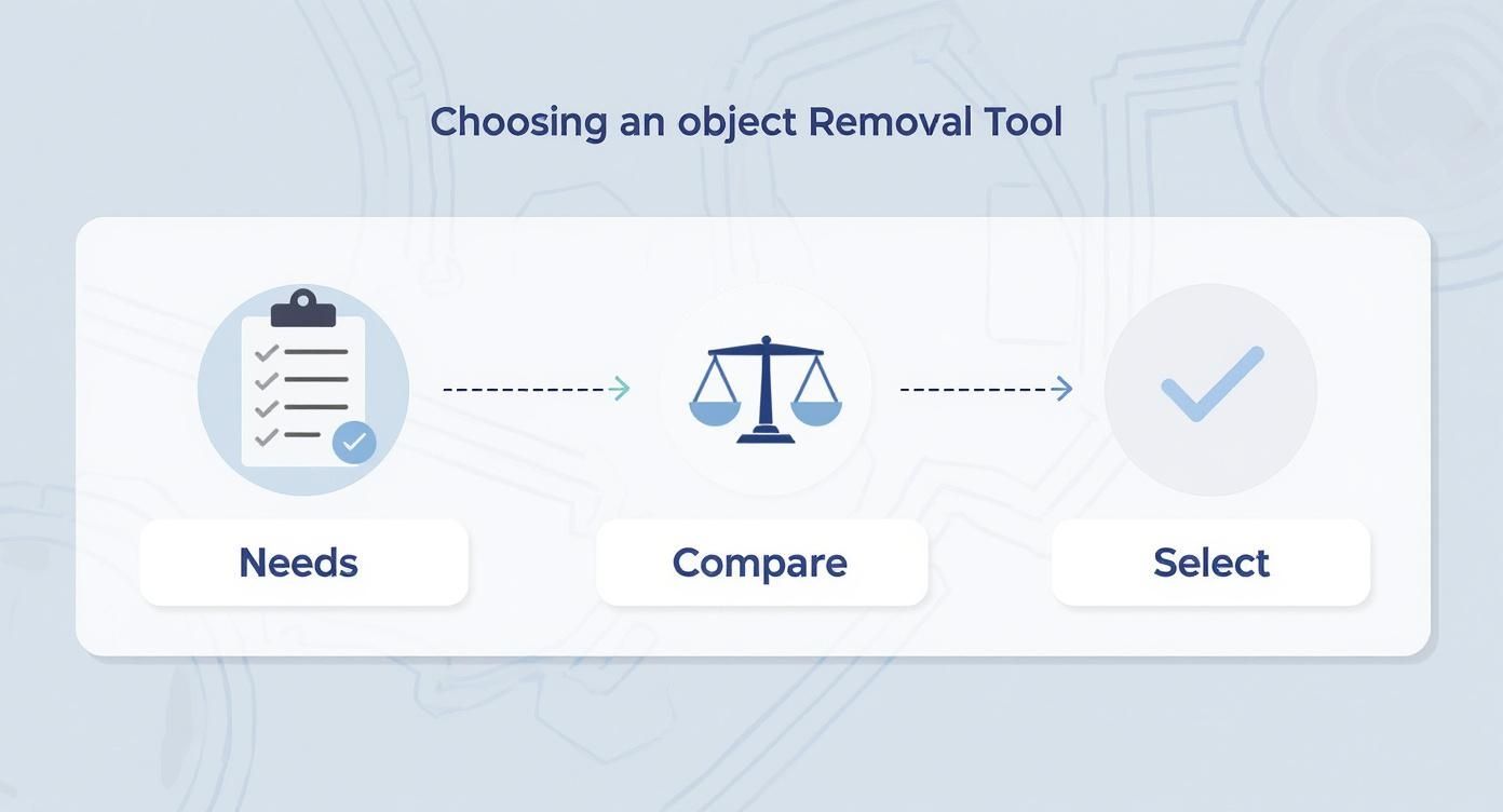 Infographic showing a three-step process for choosing an online object removal tool, with icons for Needs, Compare, and Select.