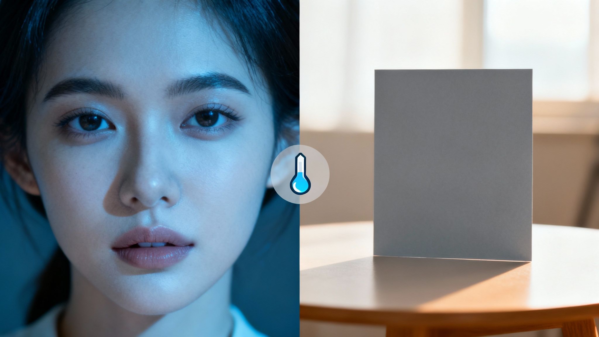 Image contrasting a woman's cool-toned face with a warm-toned scene, featuring a thermometer.