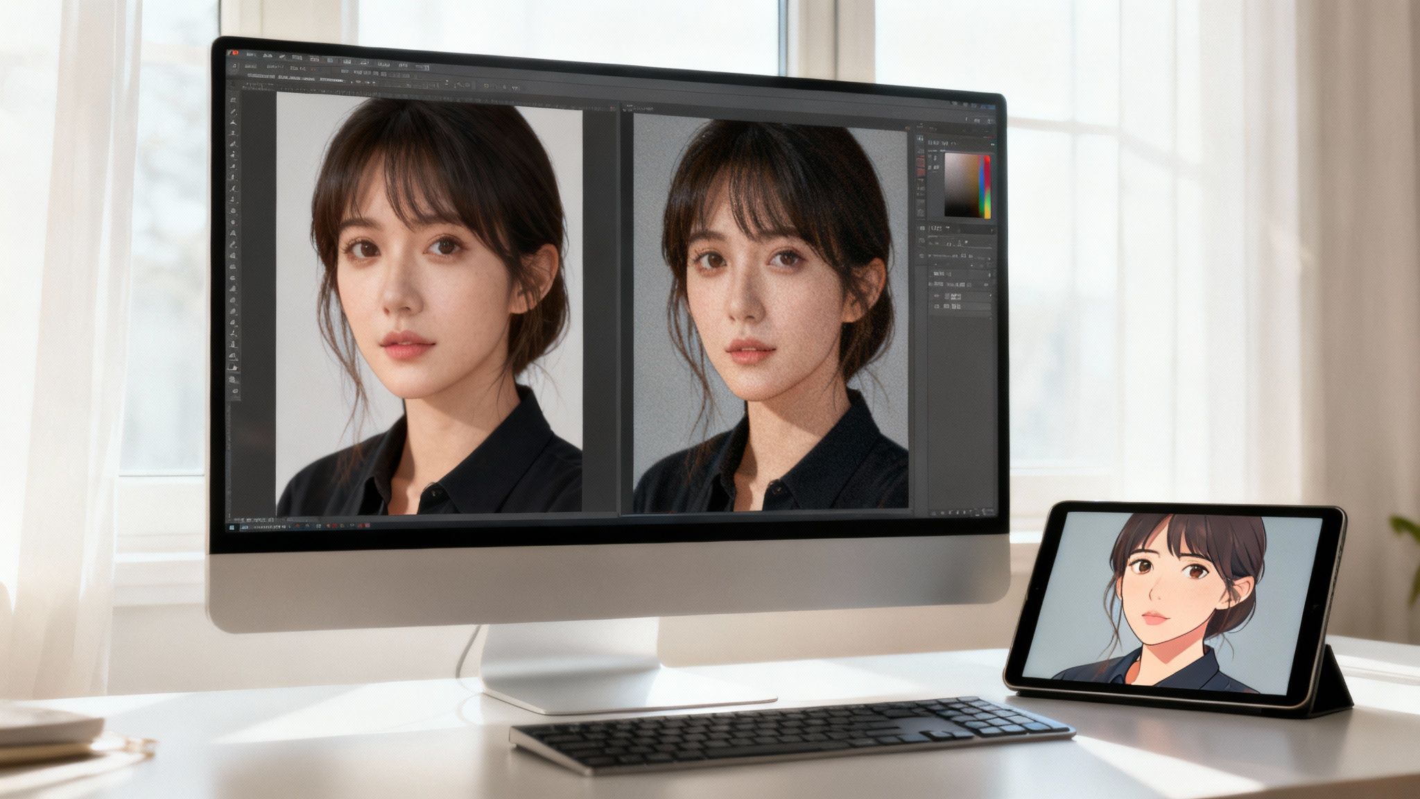 A computer monitor displays realistic female portraits, alongside a tablet showing an AI-generated cartoon version.