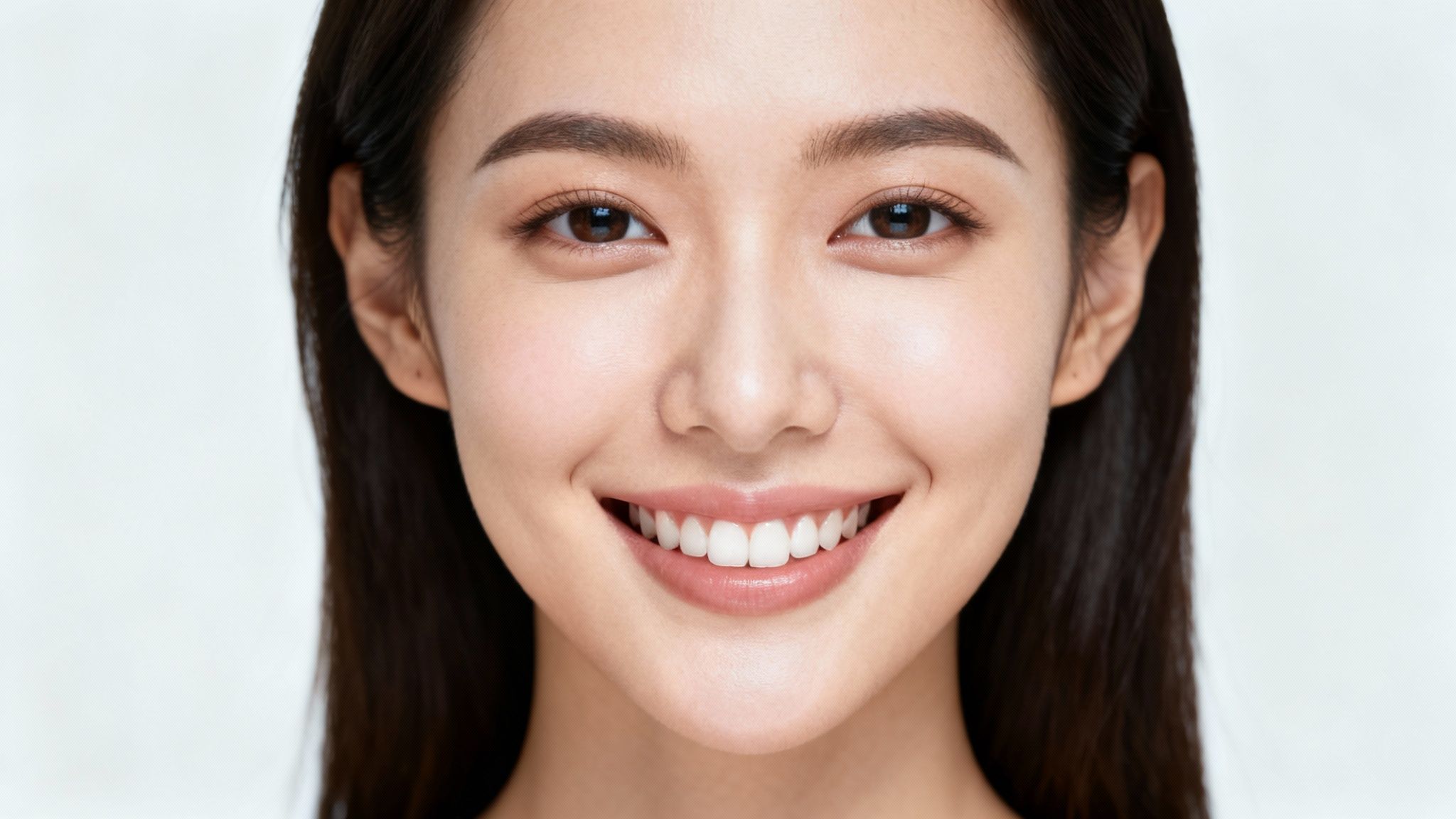 Close-up of a happy young Asian woman with flawless skin and a radiant smile.