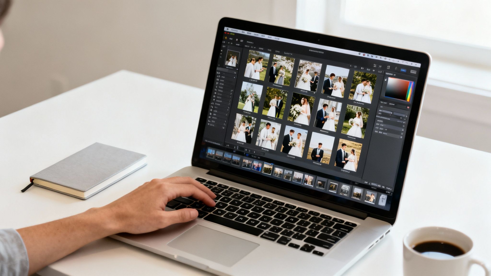 A person works on a laptop, reviewing a grid of wedding photos, alongside a notebook and coffee.