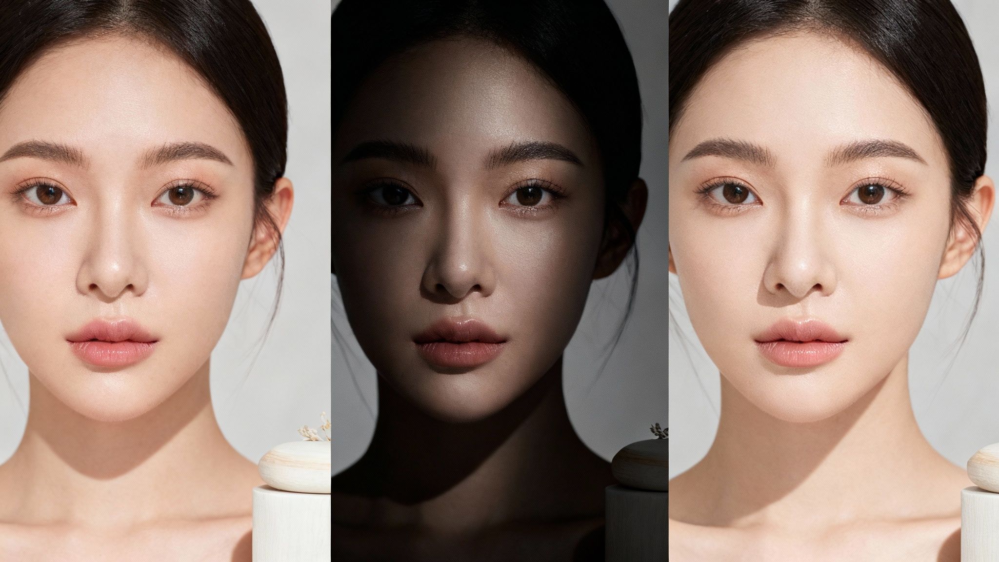 Three portraits of a woman's face demonstrating diverse photo lighting and color grading styles.