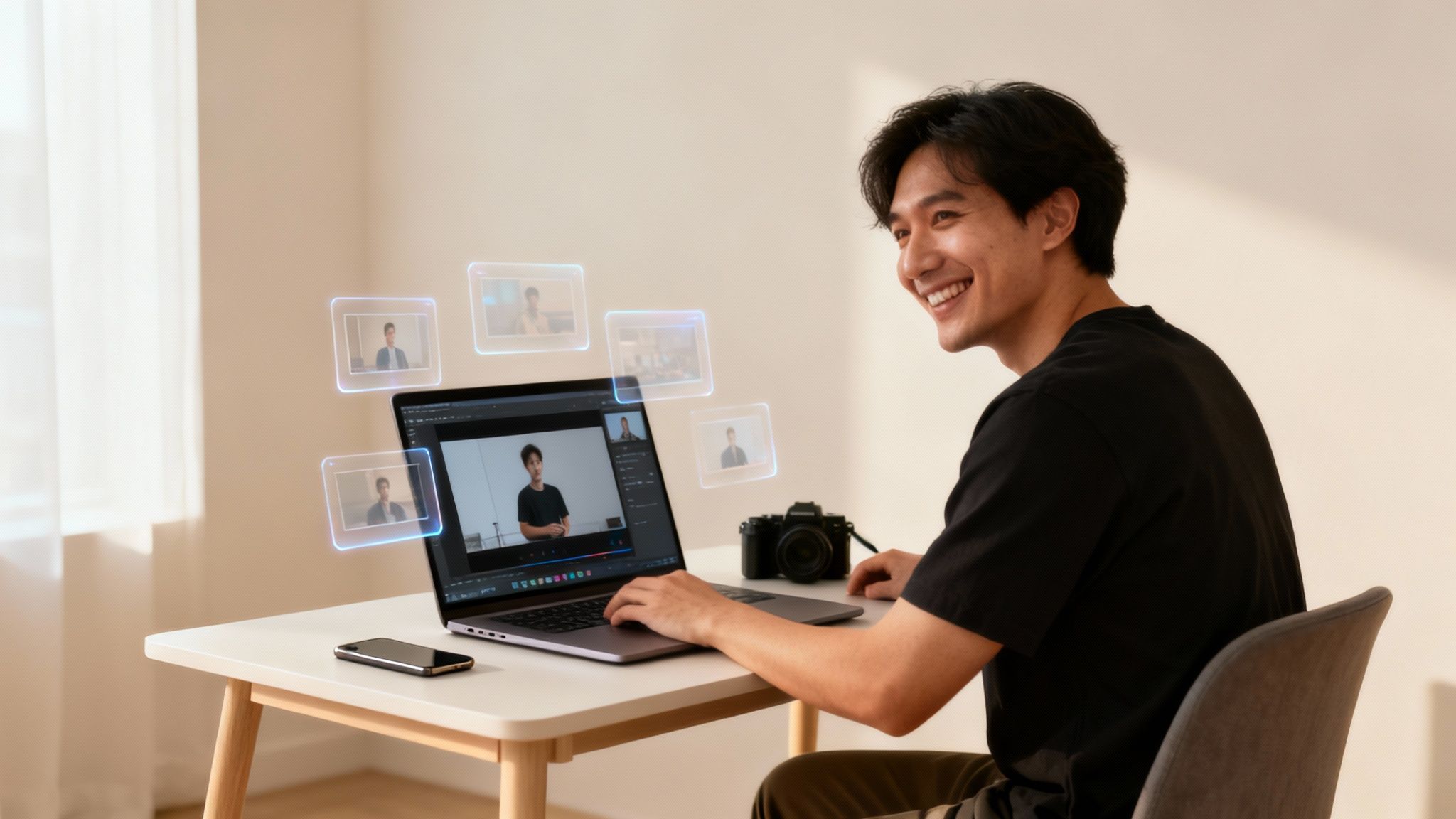 A smiling man edits videos on a laptop with floating holographic clips, a camera nearby.