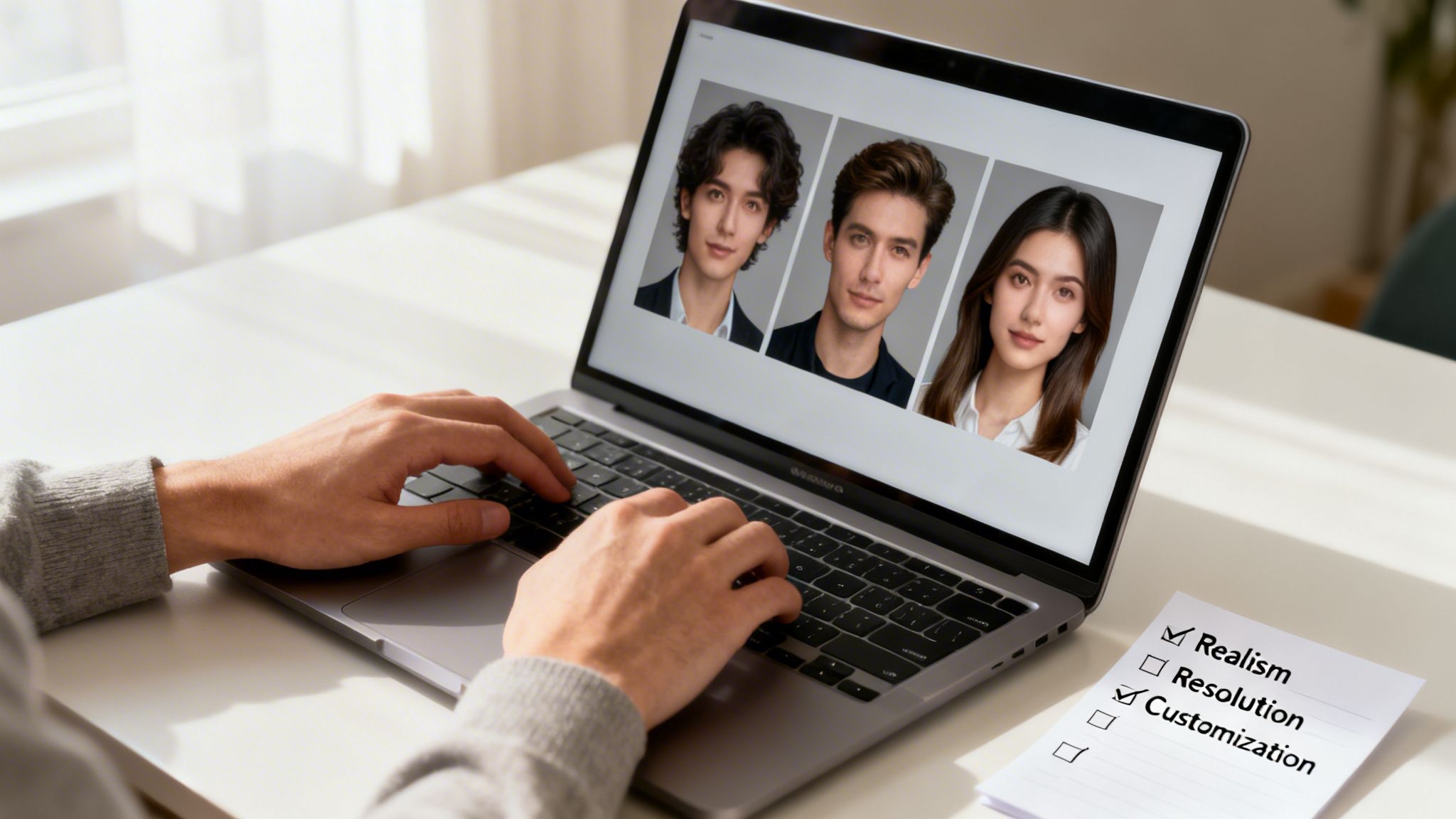 Person typing on a laptop showing AI-generated profile pictures, with a checklist on 'Realism' and 'Customization'.