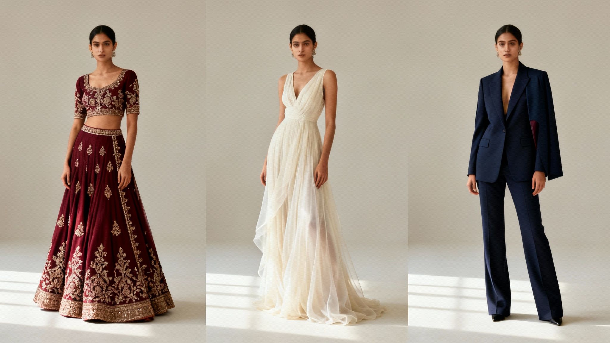 Three women modeling diverse fashion: a burgundy lehenga, a flowing white gown, and a blue pantsuit.