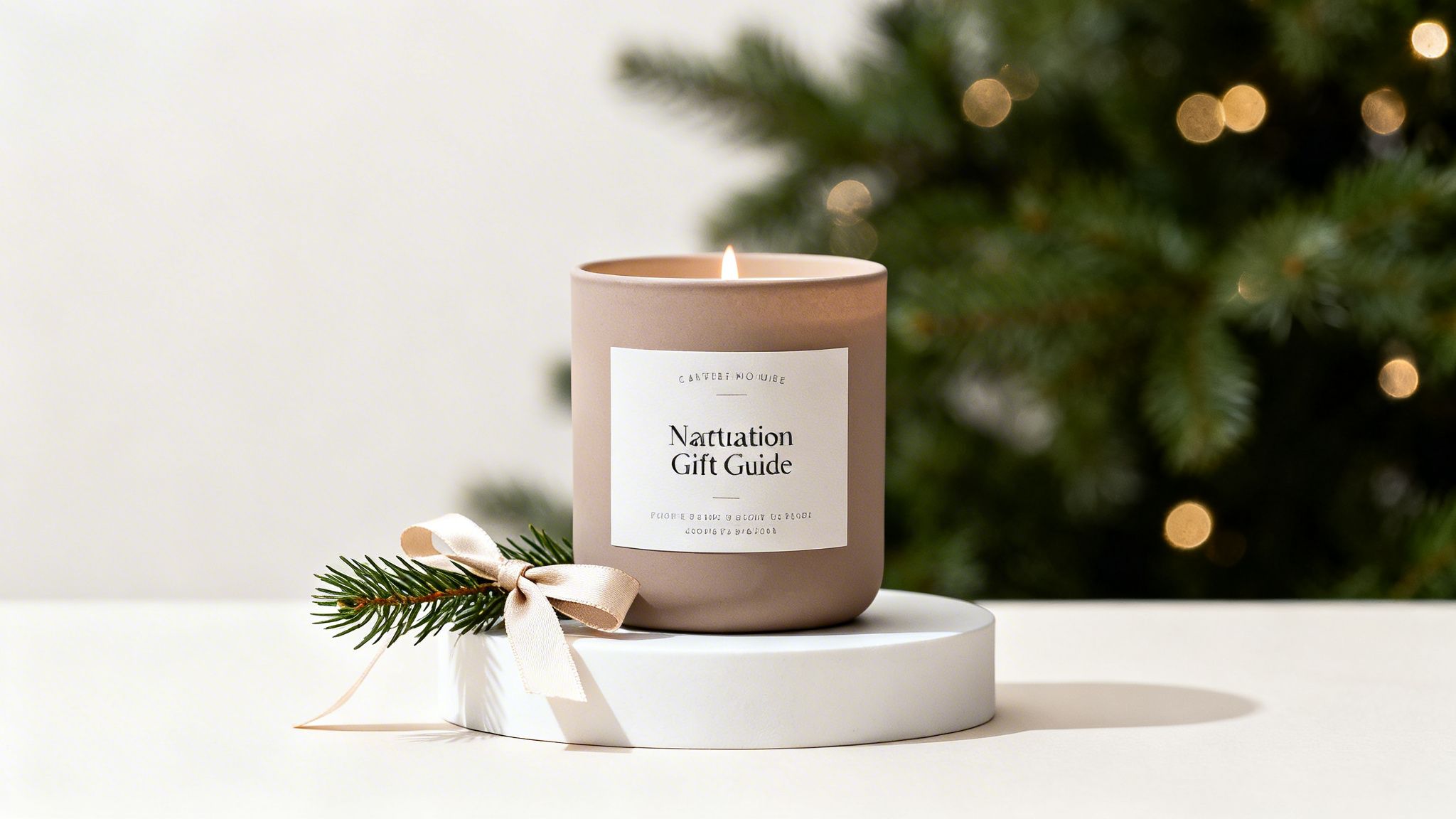 A lit candle on a white stand with a pine branch, against a festive blurred Christmas tree.