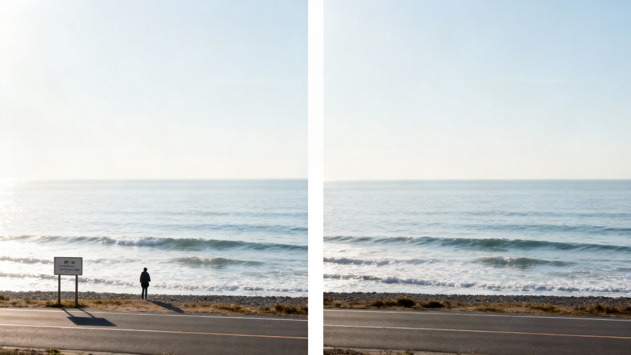 Before and after comparison showing person and sign removed from coastal beach scene