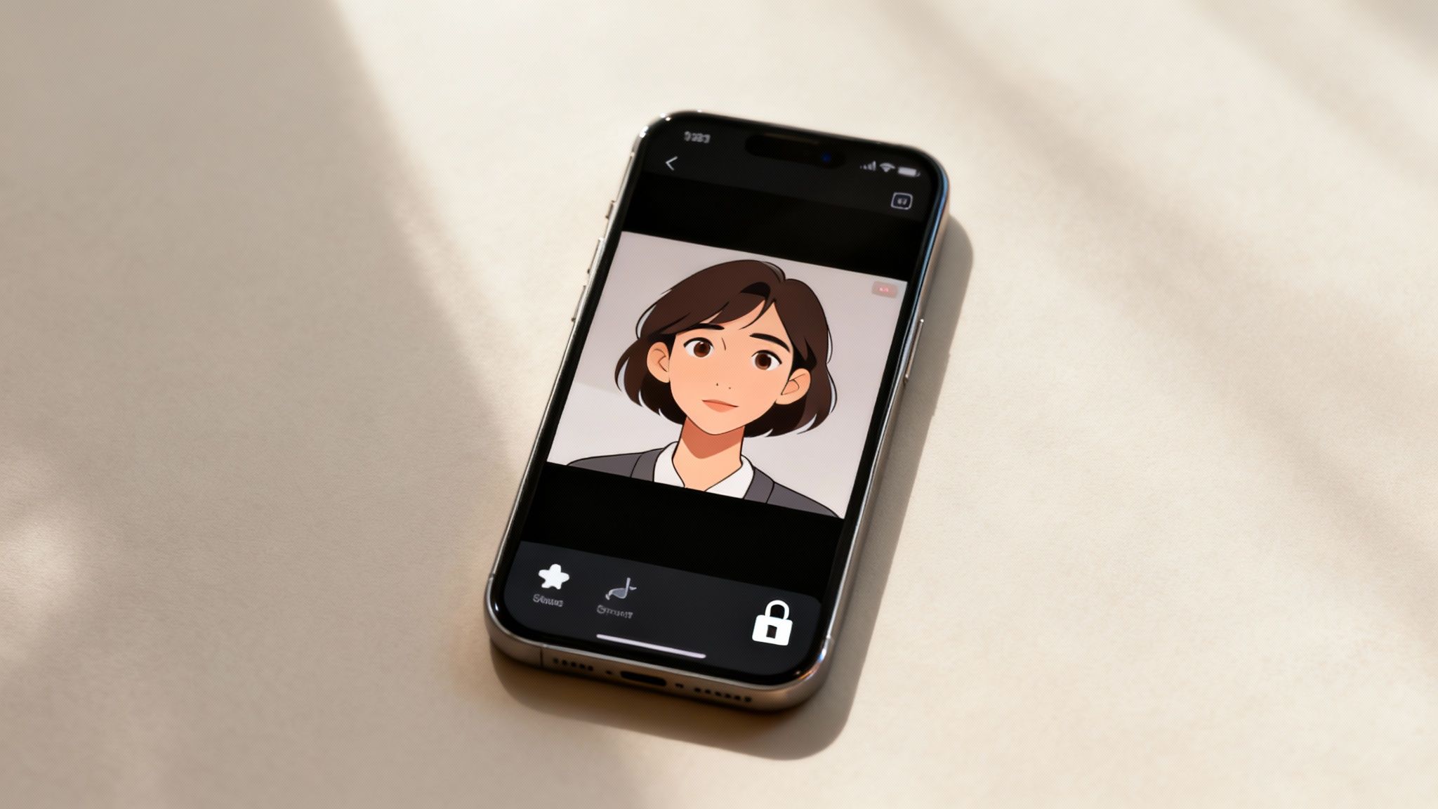 A smartphone on a light surface displays an anime-style portrait of a woman with short brown hair.