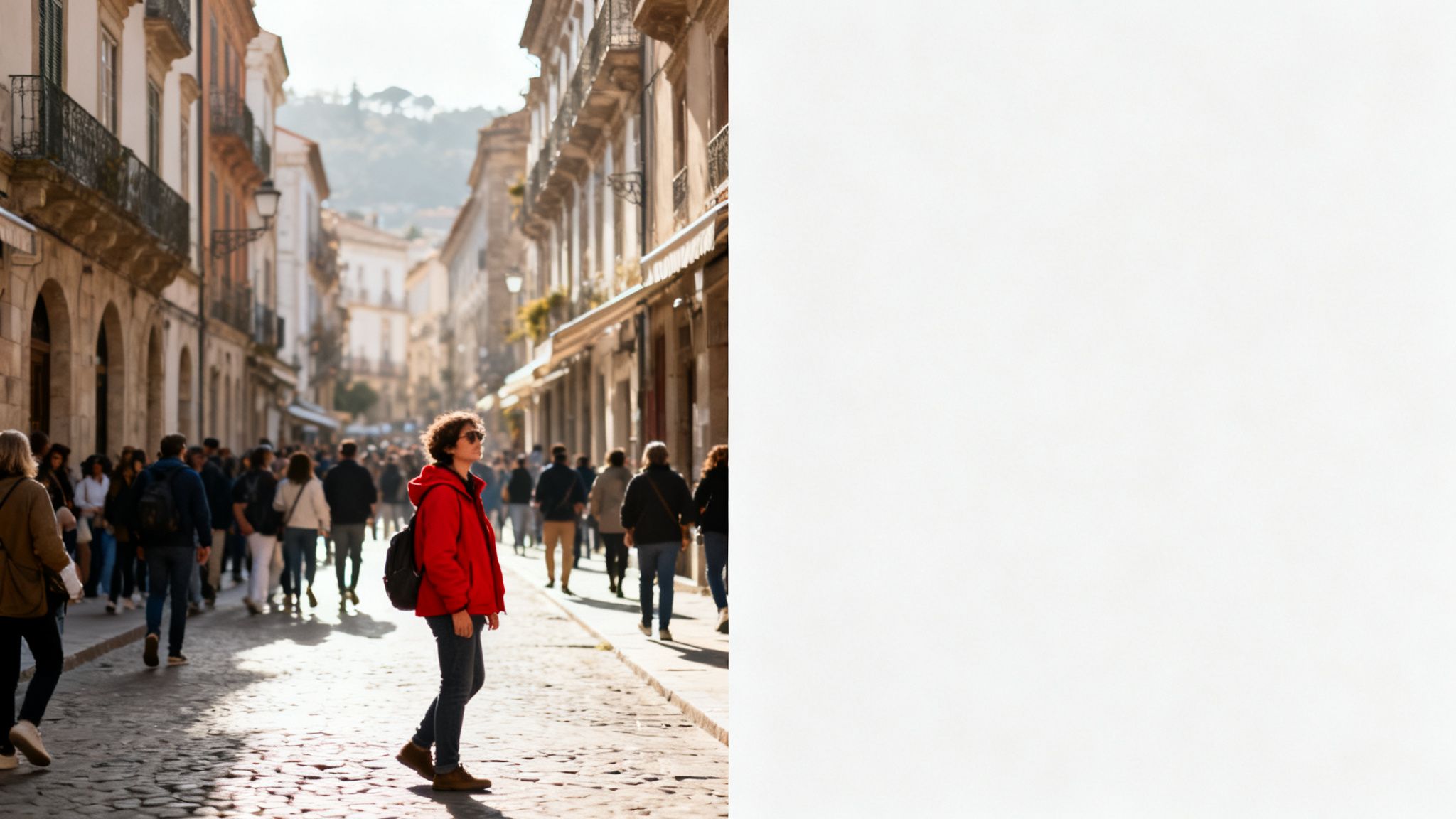 A person in a red jacket and sunglasses stands on a sunny, bustling European city street.