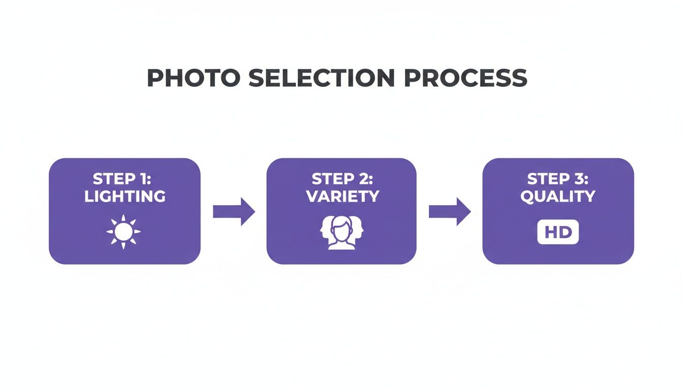 Diagram illustrating a 3-step photo selection process: lighting, variety, and quality standards.