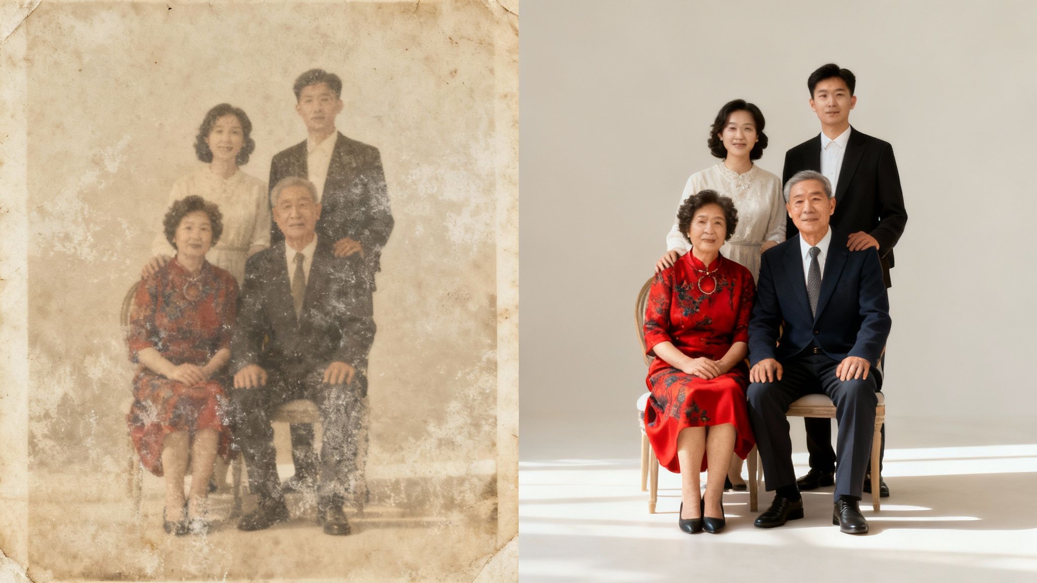 A magnifying glass hovering over an old, pixelated family photo, revealing a crisp, high-resolution version underneath.