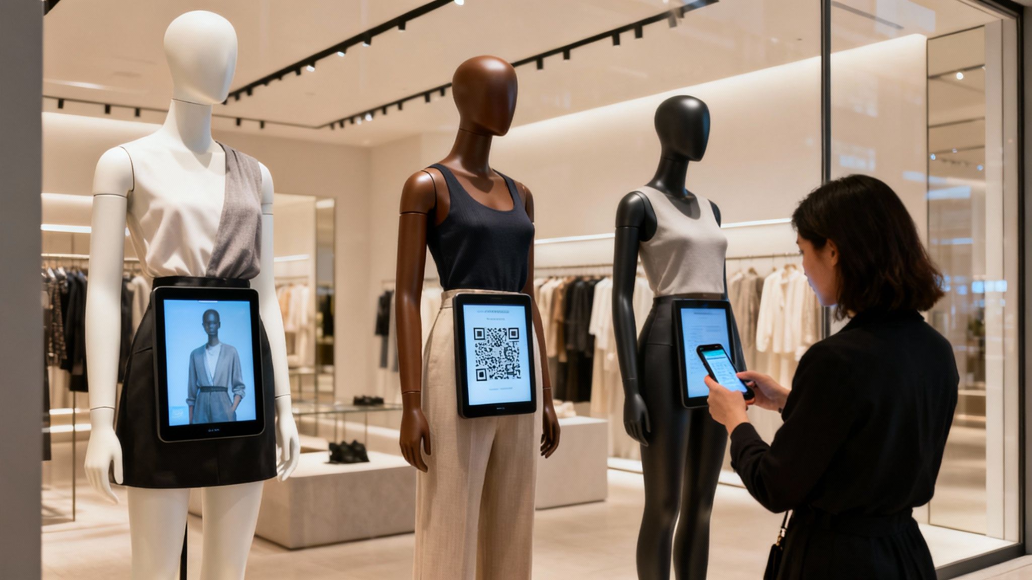 Modern clothing store with mannequins displaying product information on tablets and a woman scanning a QR code.