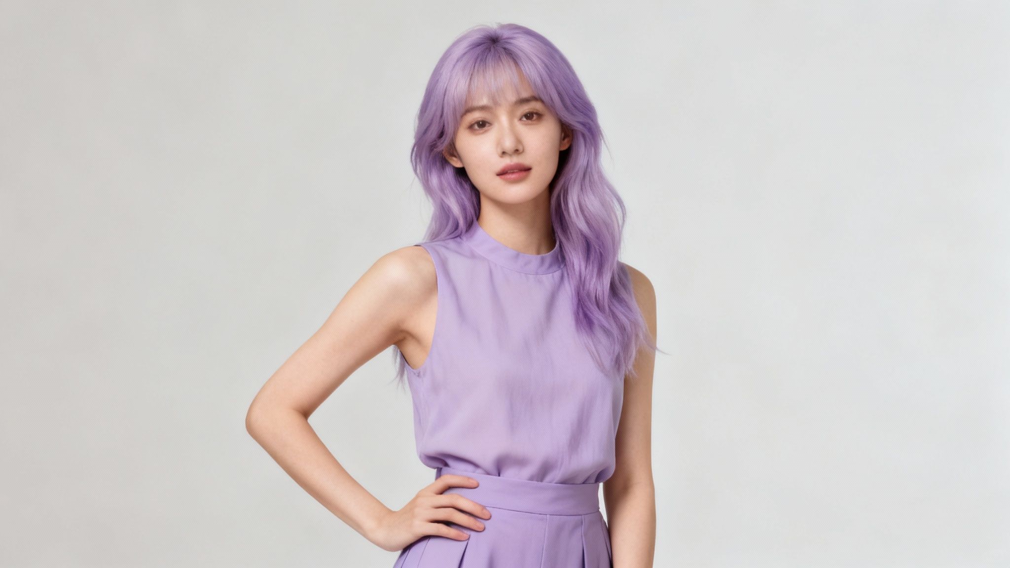 A young woman with long, wavy purple hair wearing a matching purple sleeveless top.