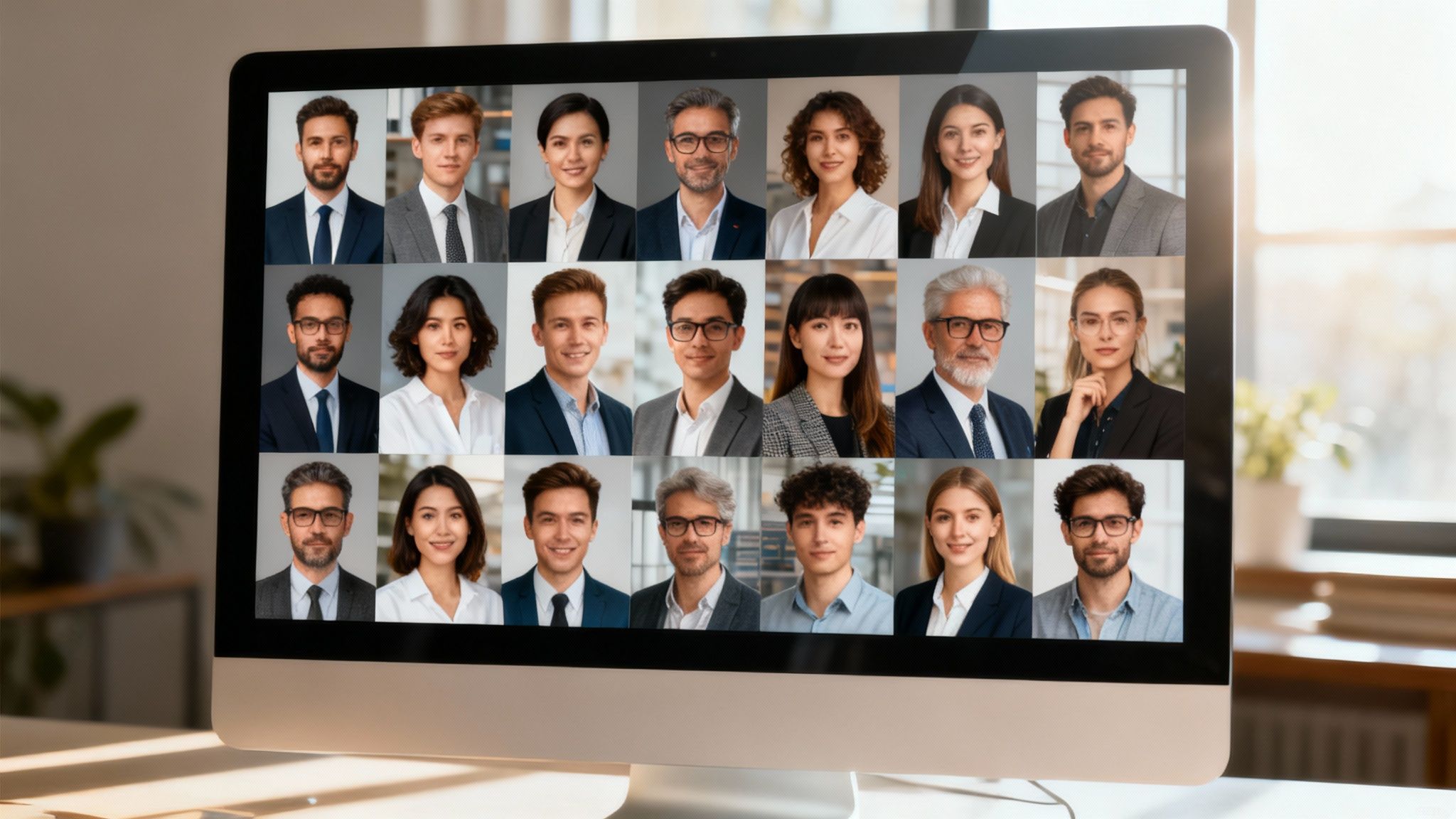 A professional AI-generated headshot of a woman in an office setting