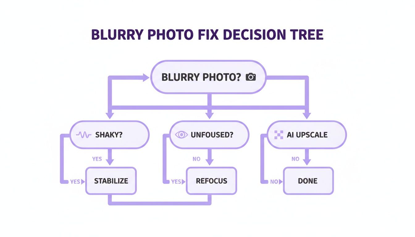 A decision tree flowchart illustrating steps to fix blurry photos, including stabilization, refocusing, and AI upscaling.