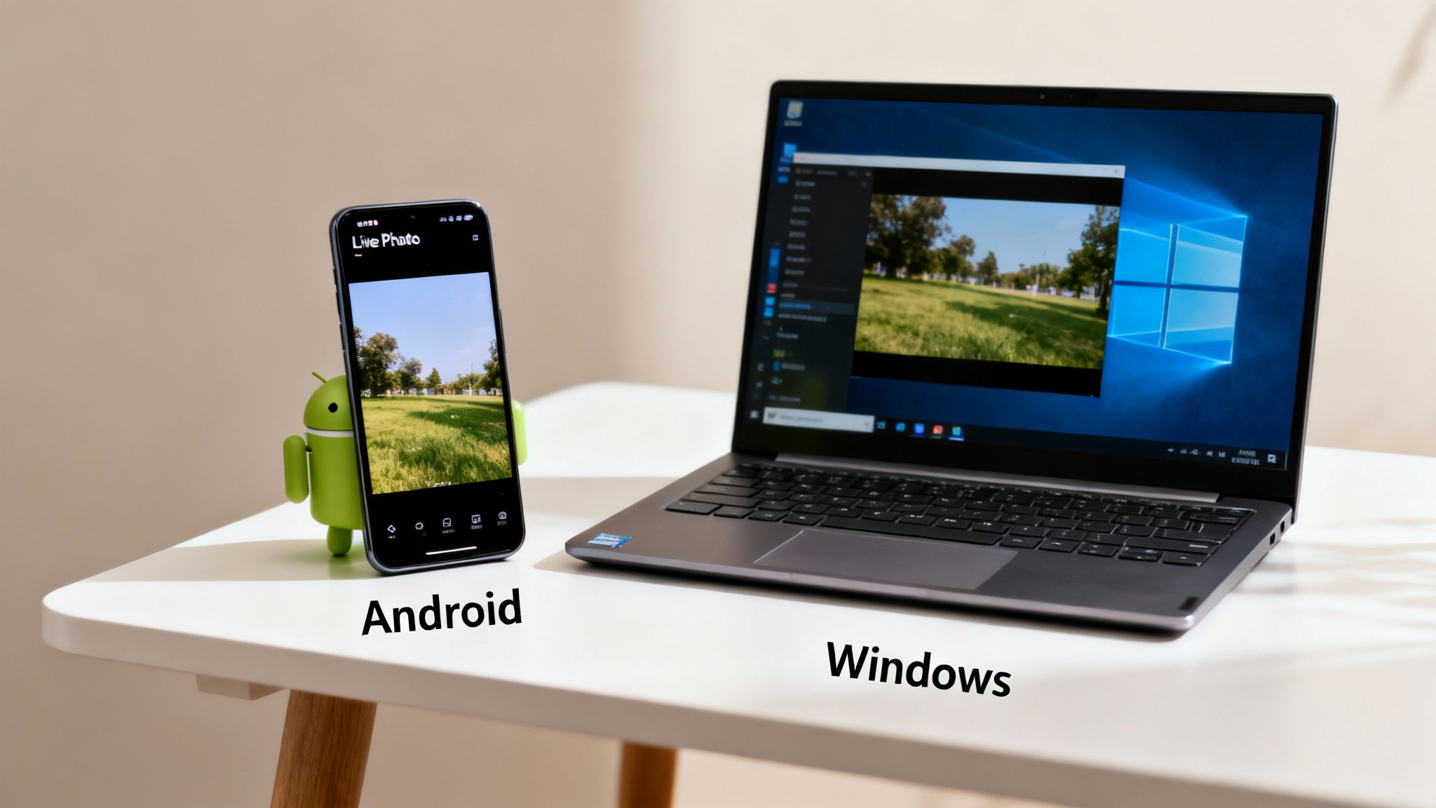 Android phone displaying a live photo next to a Windows laptop playing a video.