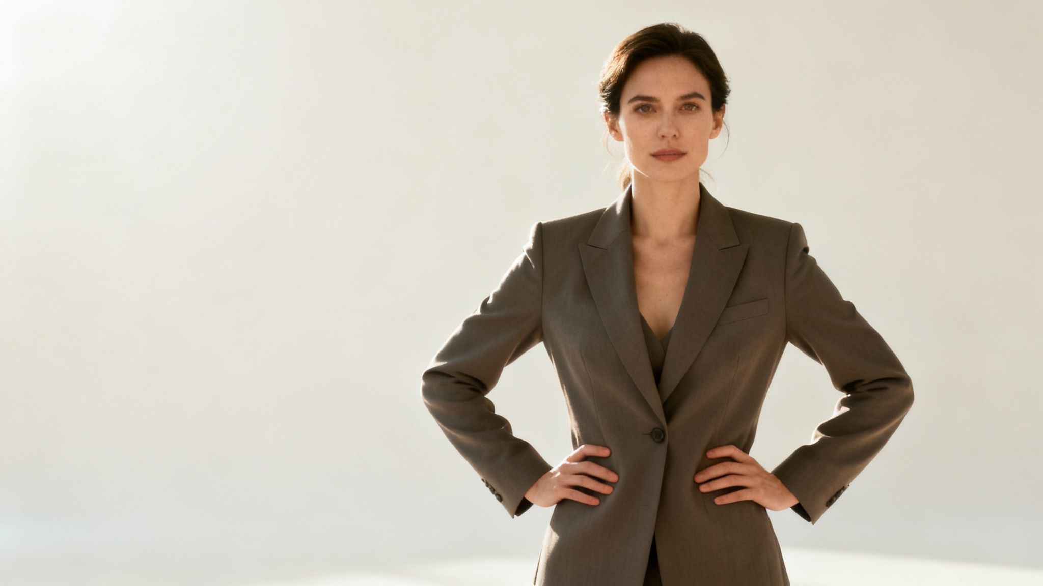 A confident woman in a grey professional suit poses with hands on her hips, looking forward.